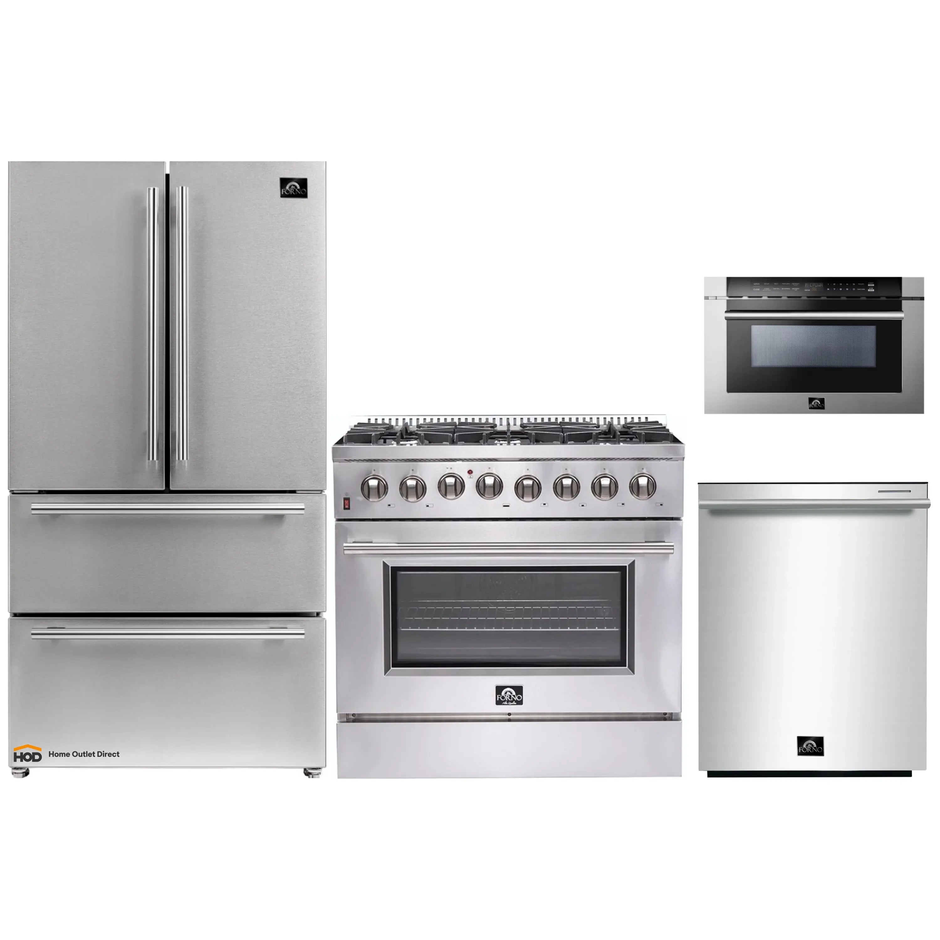 Stainless steel 4-piece appliance package: range, refrigerator, microwave drawer