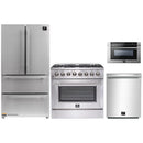 Forno 4-Piece Appliance Package - 36-Inch Dual Fuel Range, Refrigerator, 24-Inch Microwave Drawer, & 3-Rack Dishwasher in Stainless Steel