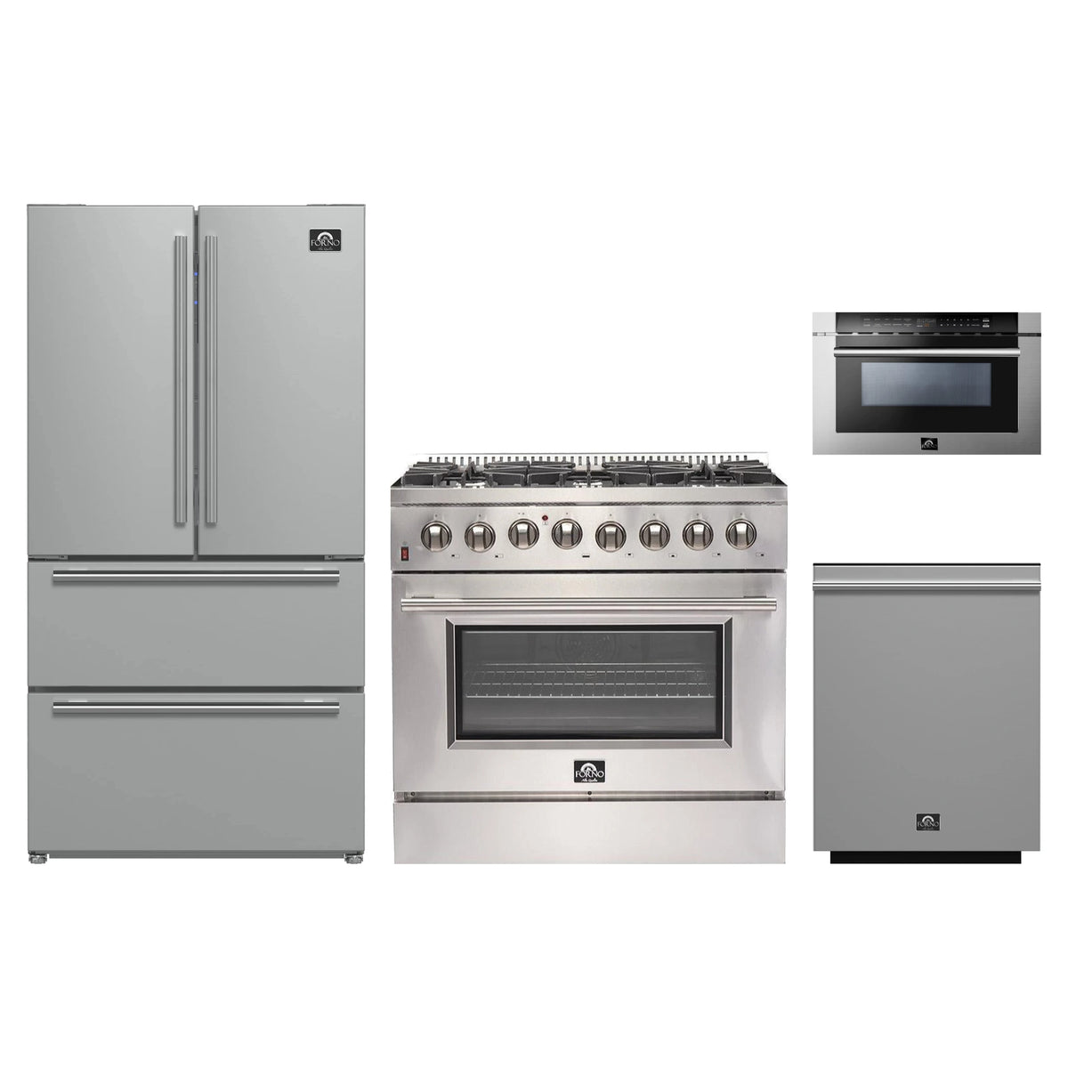 Forno 4-Piece Appliance Package - 36-Inch Dual Fuel Range, Refrigerator, 24-Inch Microwave Drawer, & 3-Rack Dishwasher in Stainless Steel