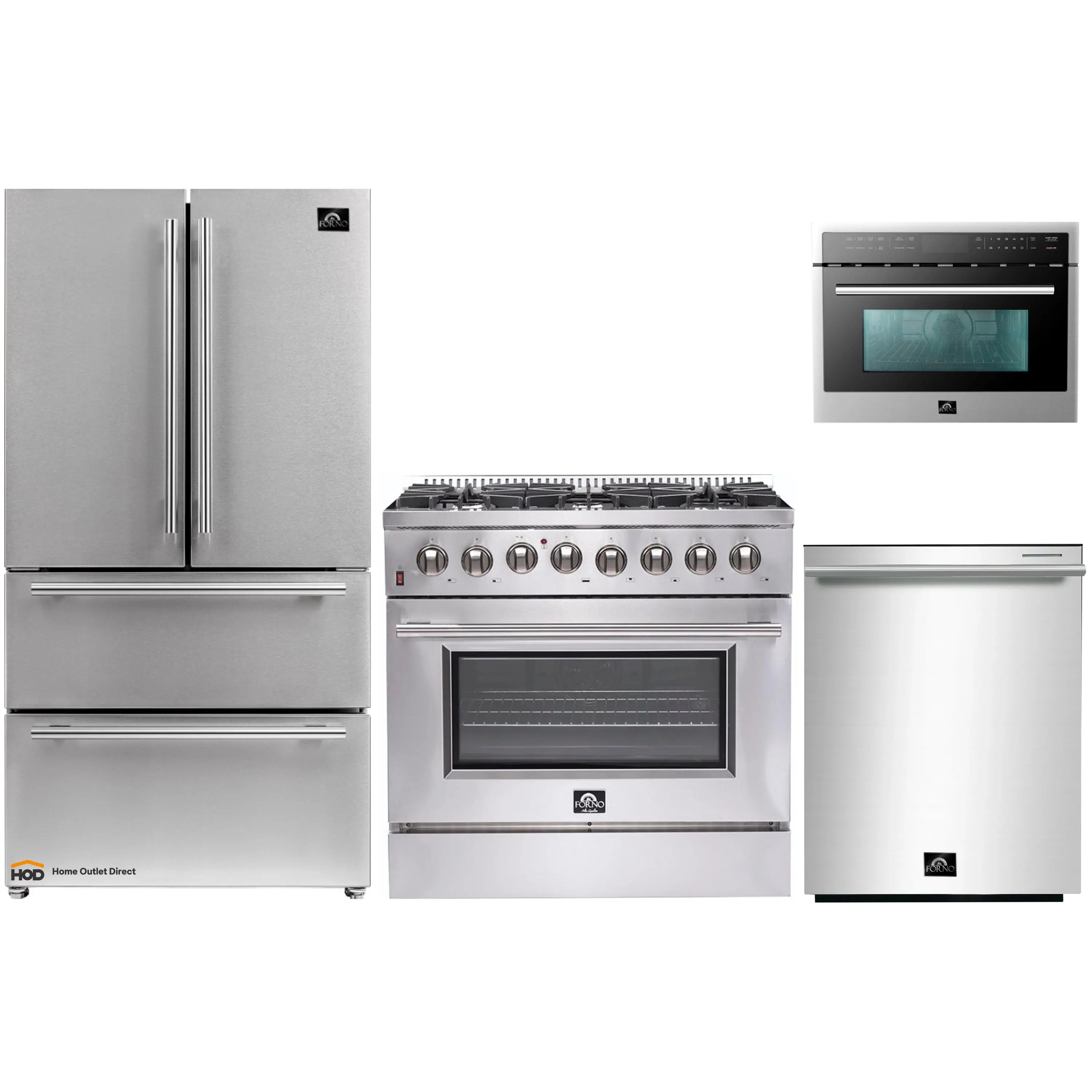Stainless steel appliance set featuring refrigerator, dual fuel range, and dishwasher