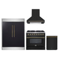 Forno 4-Piece Appliance Package - 36-Inch Dual Fuel Range, Wall Mount Range Hood, 60-Inch Built-In Convertible Refrigerator, and Dishwasher in Black with Antique Brass Trim