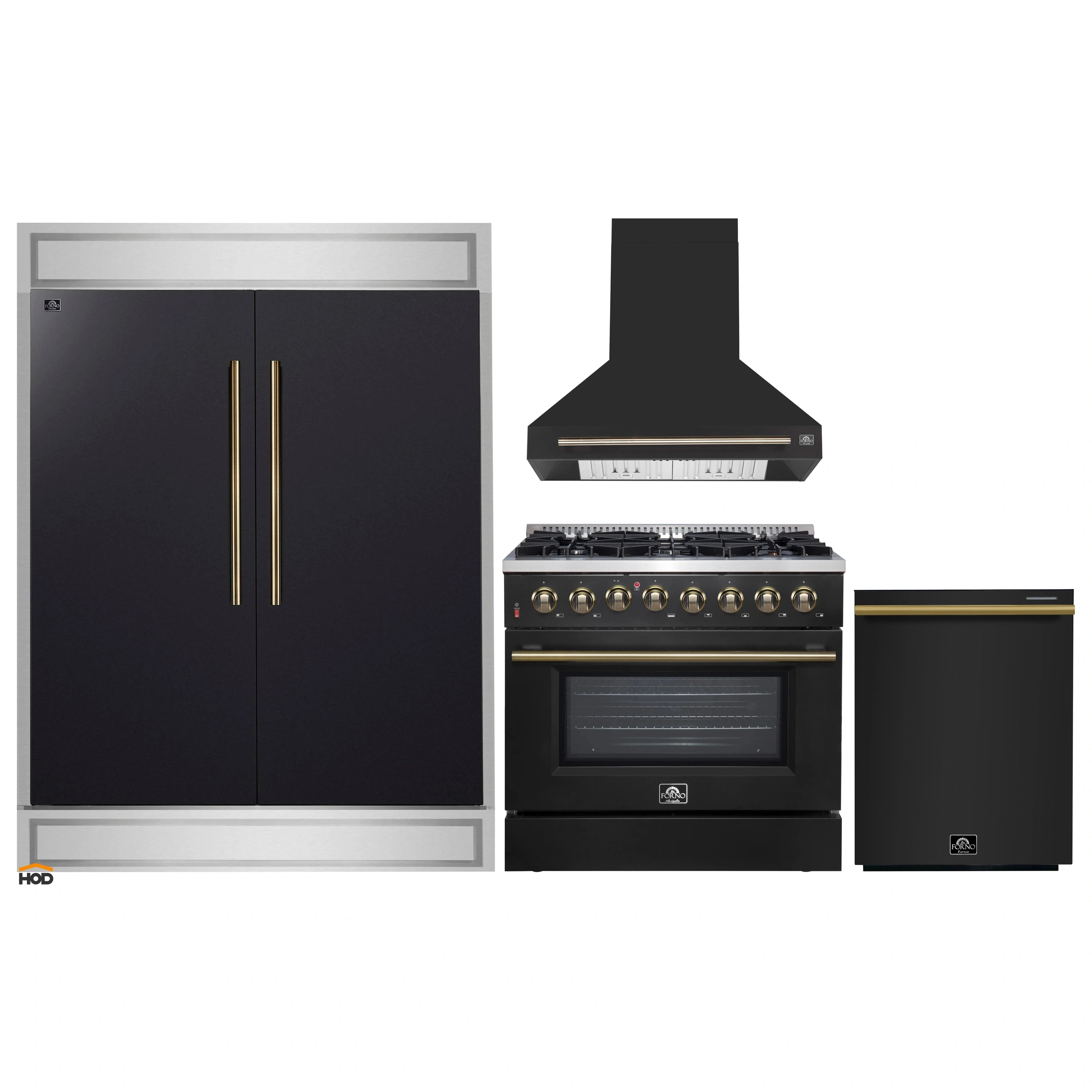 4-piece black appliance package with antique brass handles: range, hood, refrigerator, dishwasher.