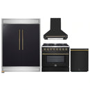 Forno 4-Piece Appliance Package - 36-Inch Dual Fuel Range, Wall Mount Range Hood, 60-Inch Built-In Convertible Refrigerator, and Dishwasher in Black with Antique Brass Handle
