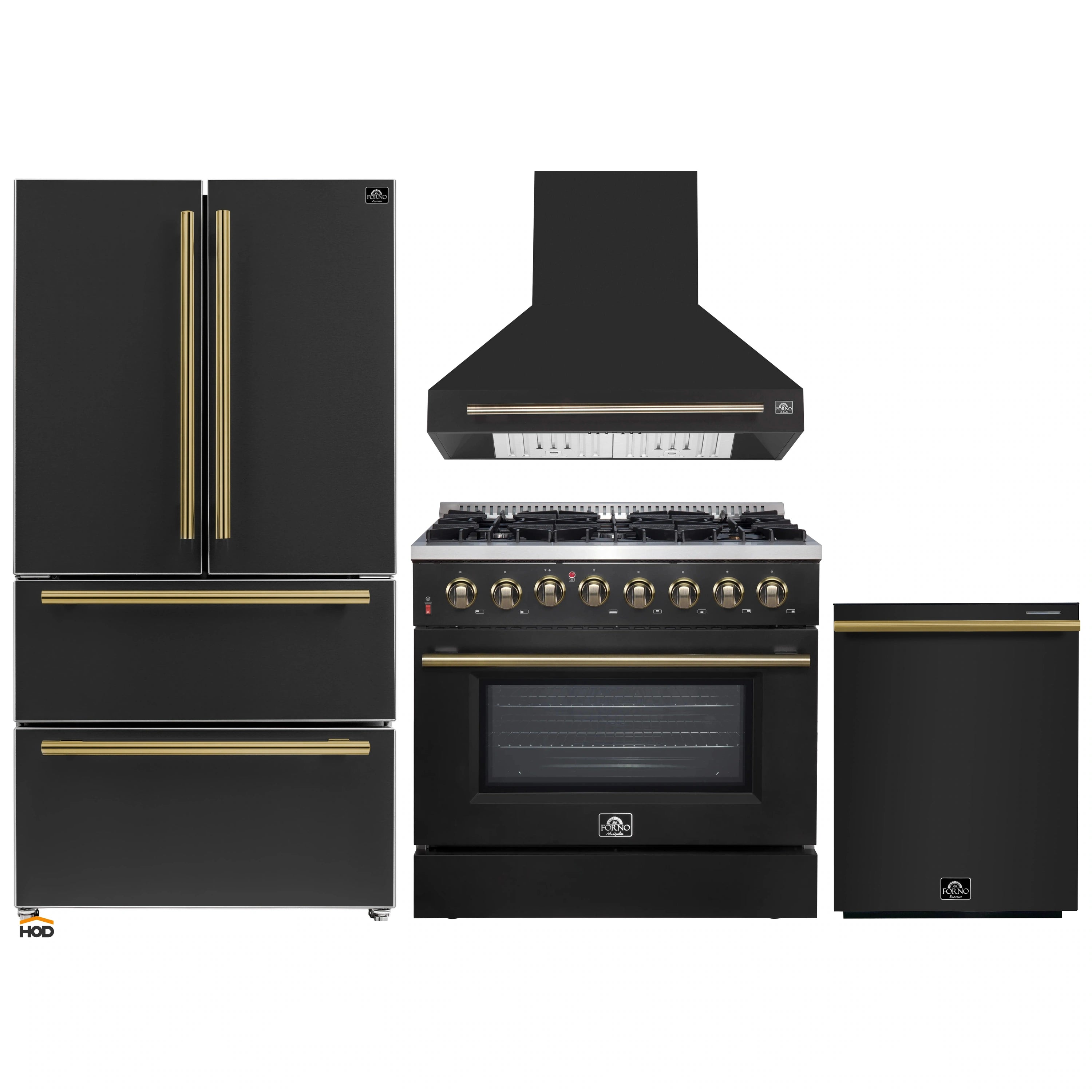 Black dual fuel range with brass-finished control knobs, oven window, and matching burners