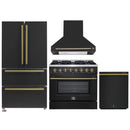 Forno 4-Piece Appliance Package - 36-Inch Dual Fuel Range, Wall Mount Range Hood, 36-Inch French Door Refrigerator, and Dishwasher in Black with Antique Brass Handle