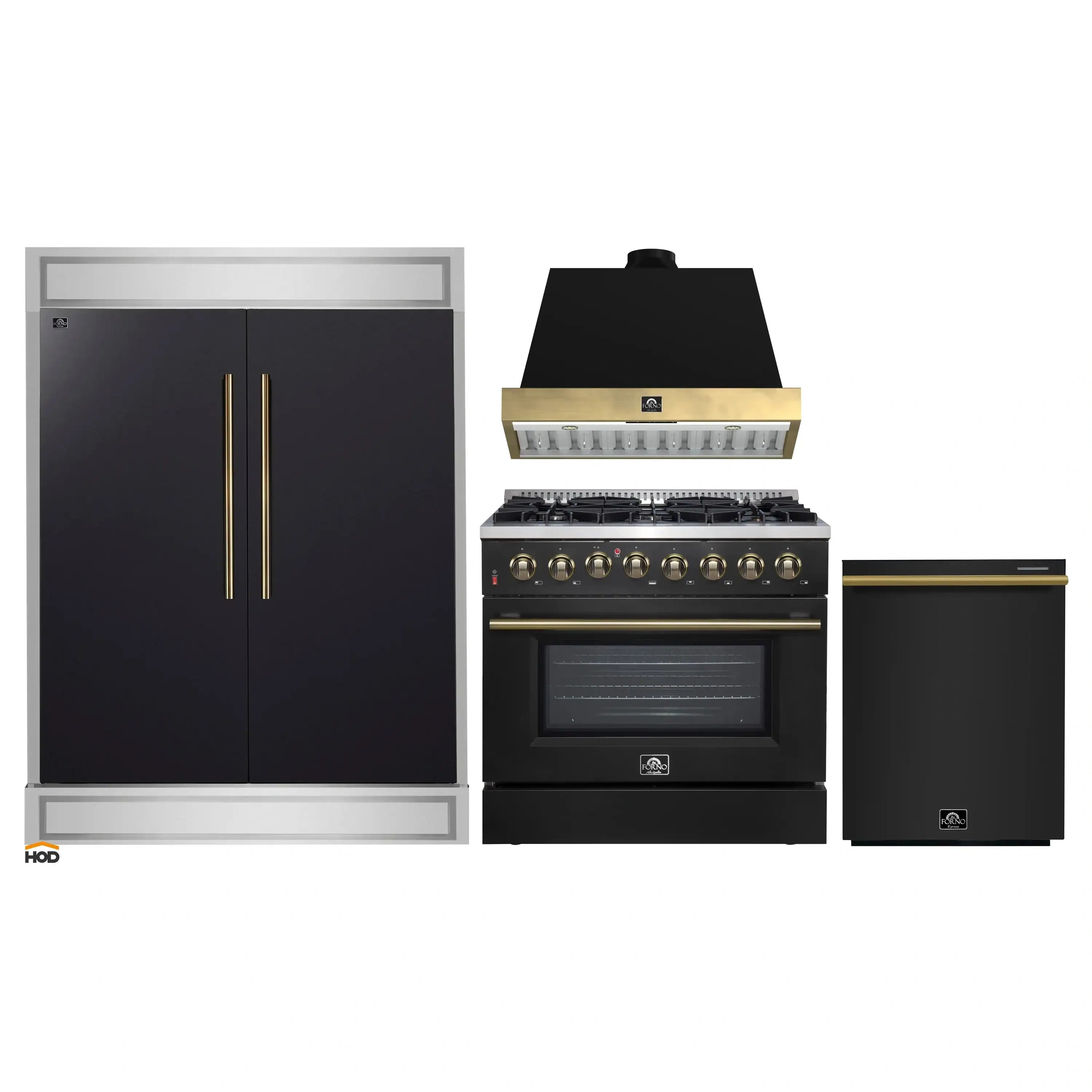 Black appliance package set: range, refrigerator, and compact dishwasher with gold handles