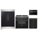Forno 4-Piece Appliance Package - 36-Inch Dual Fuel Range, 60-Inch Convertible Refrigerator with Modern Trim, Dishwasher, and 24-Inch Microwave Drawer in Black with Antique Brass Handle