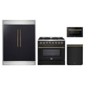 Forno 4-Piece Appliance Package - 36-Inch Dual Fuel Range, 60-Inch Convertible Refrigerator with Modern Trim, Dishwasher, and 24-Inch Microwave Drawer in Black with Antique Brass Trim