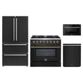 Forno 4-Piece Appliance Package - 36-Inch Dual Fuel Range, 36-Inch Refrigerator, 24-Inch Microwave Drawer, & Dishwasher in Black with Antique Brass Trim