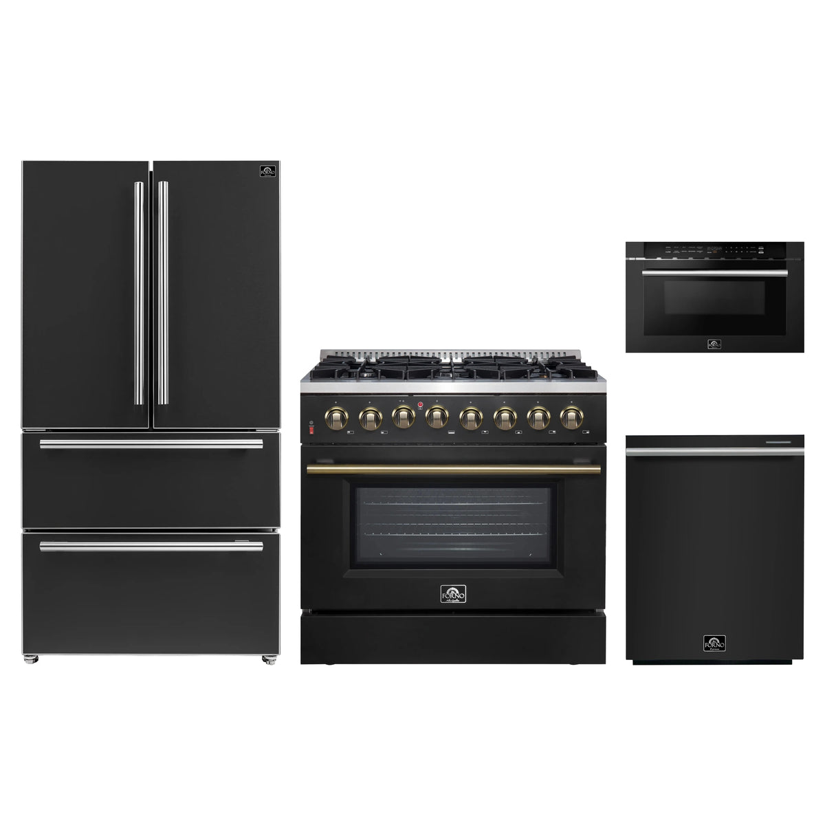 Forno 4-Piece Appliance Package - 36-Inch Dual Fuel Range, 36-Inch Refrigerator, 24-Inch Microwave Drawer, & Dishwasher in Black with Antique Brass Trim