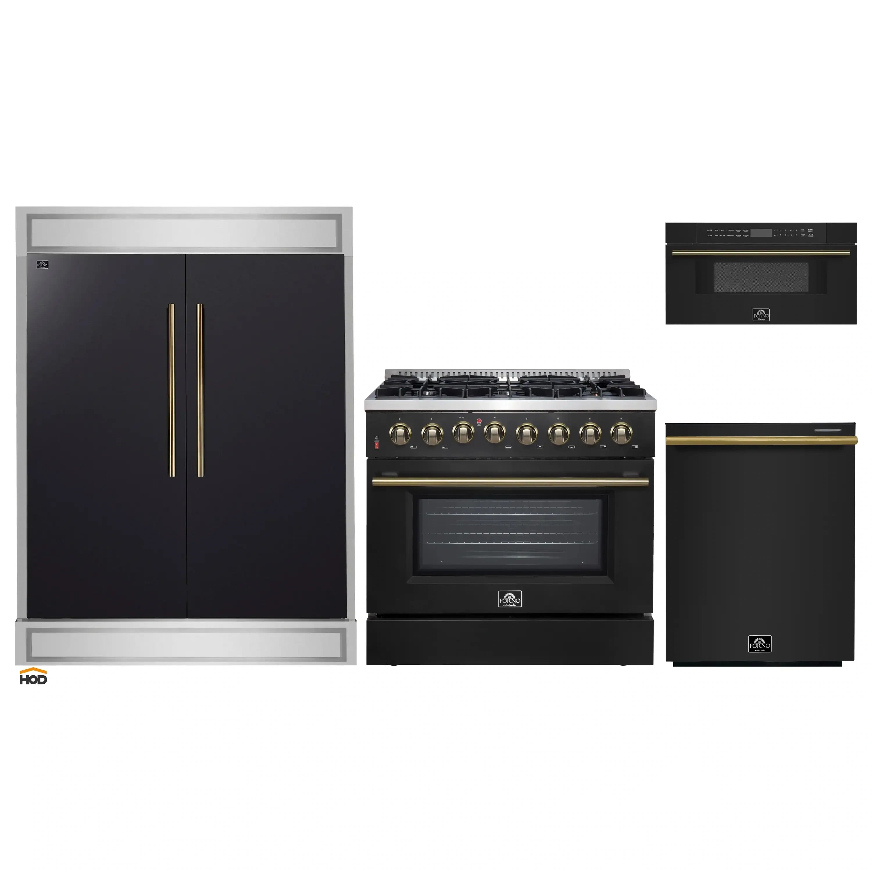 4-piece appliance package set: black range, refrigerator, dishwasher, and microwave drawer