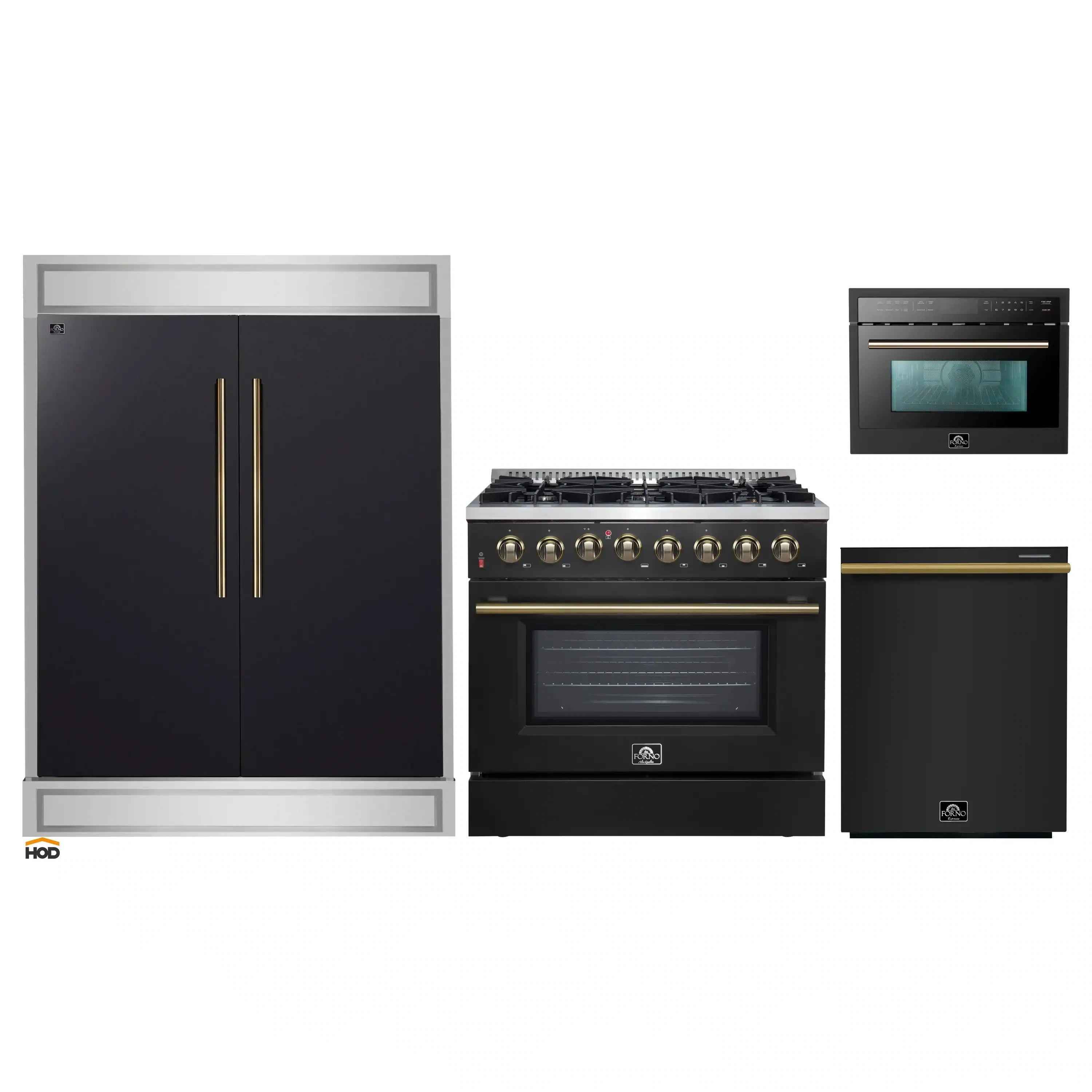 Black dual fuel range with brass handles, microwave and dishwasher, top freezer fridge set