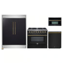 Forno 4-Piece Appliance Package - 36-Inch Dual Fuel Range, 60-Inch Convertible Refrigerator with Modern Trim, Dishwasher, and 30-Inch Microwave Oven in Black with Antique Brass Handle