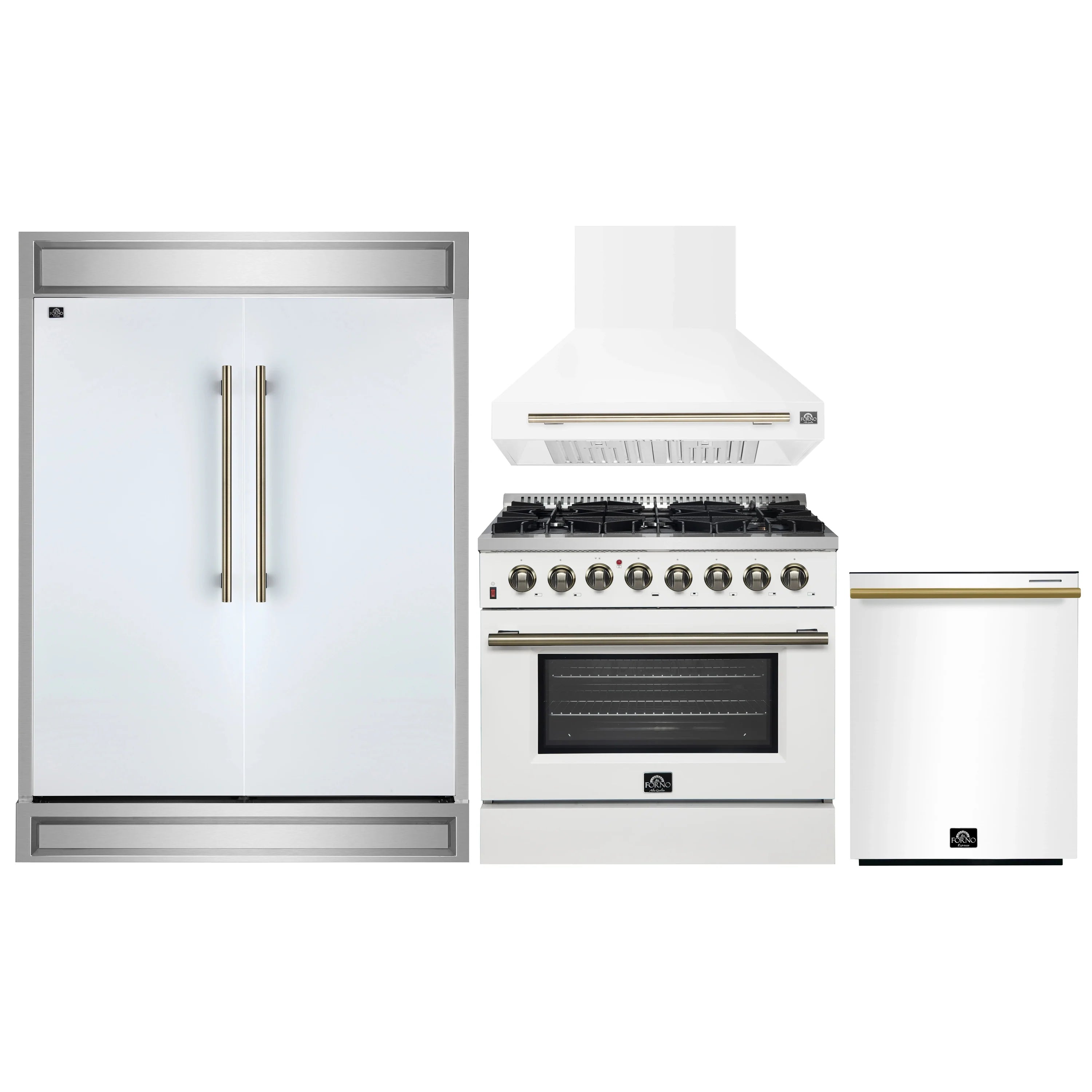 White 4-piece appliance package: fridge, dishwasher, dual fuel range, wall hood with brass handles