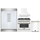 Forno 4-Piece Appliance Package - 36-Inch Dual Fuel Range, Wall Mount Range Hood, 60-Inch Built-In Convertible Refrigerator, and Dishwasher in White with Antique Brass Handle