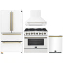 Forno 4-Piece Appliance Package - 36-Inch Dual Fuel Range, Wall Mount Range Hood, 36-Inch French Door Refrigerator, and Dishwasher in White with Antique Brass Handle