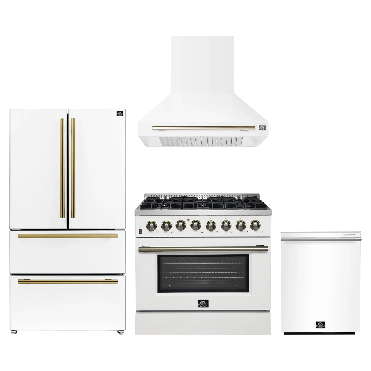 Forno 4-Piece Appliance Package - 36-Inch Dual Fuel Range, Wall Mount Range Hood, 36-Inch French Door Refrigerator, and Dishwasher in White with Antique Brass Trim