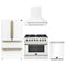Forno 4-Piece Appliance Package - 36-Inch Dual Fuel Range, Wall Mount Range Hood, 36-Inch French Door Refrigerator, and Dishwasher in White with Antique Brass Trim