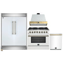 Forno 4-Piece Appliance Package - 36-Inch Dual Fuel Range, Wall Mount Range Hood, 60-Inch Refrigerator, Dishwasher in White with Antique Brass Handle
