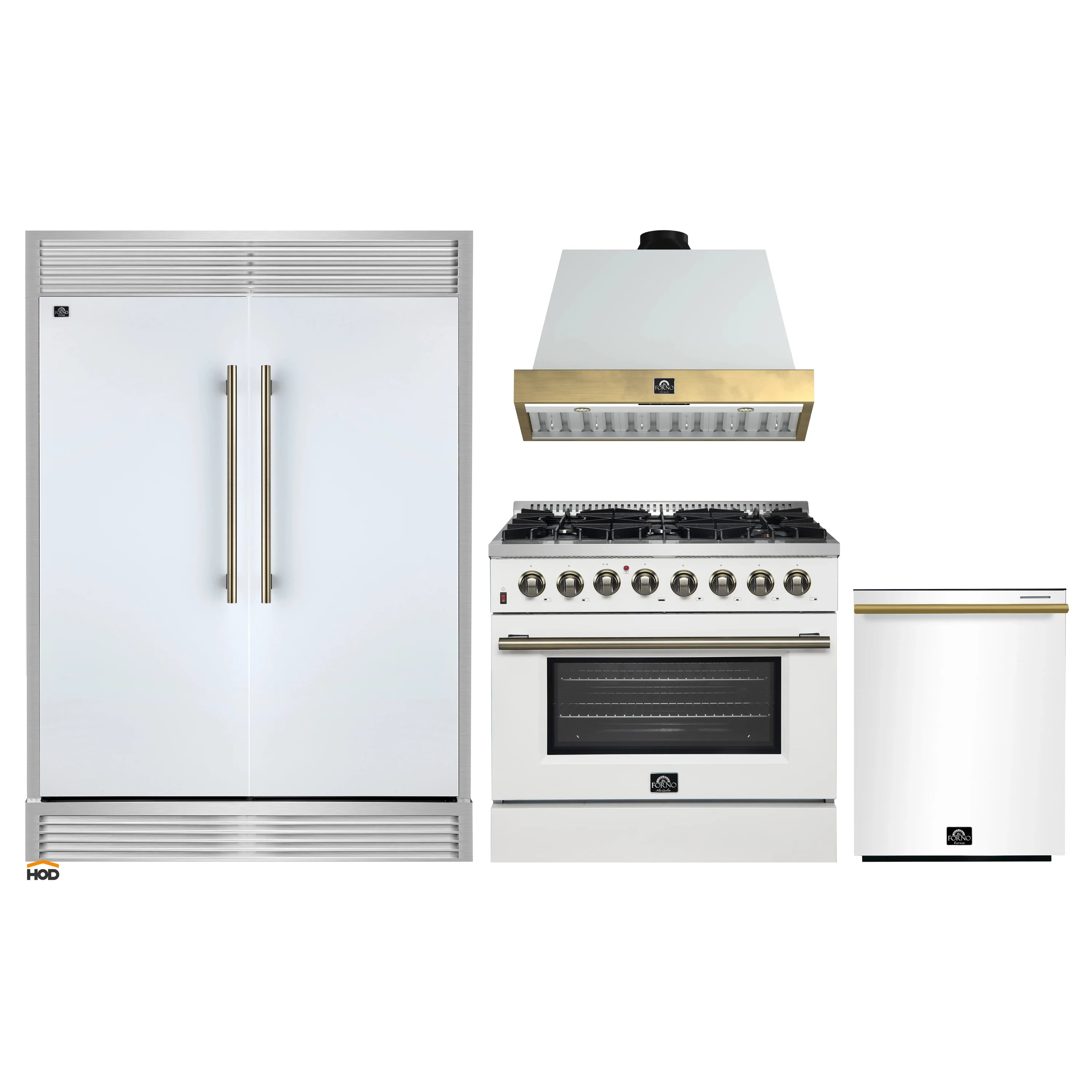 White appliance set with refrigerator, freestanding gas range, and wall hood