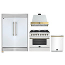 Forno 4-Piece Appliance Package - 36-Inch Galiano Dual Fuel Range, Wall Mount Range Hood, 60-Inch Refrigerator, Dishwasher in White with Antique Brass Handle