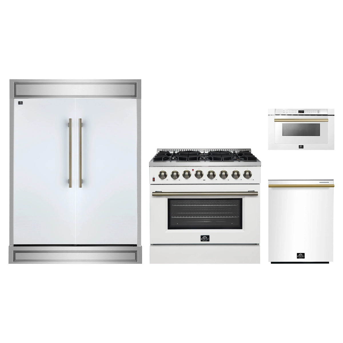 Forno 4-Piece Appliance Package - 36-Inch Dual Fuel Range, 60-Inch Refrigerator, Dishwasher, & 24-Inch Microwave Drawer in White with Antique Brass Trim