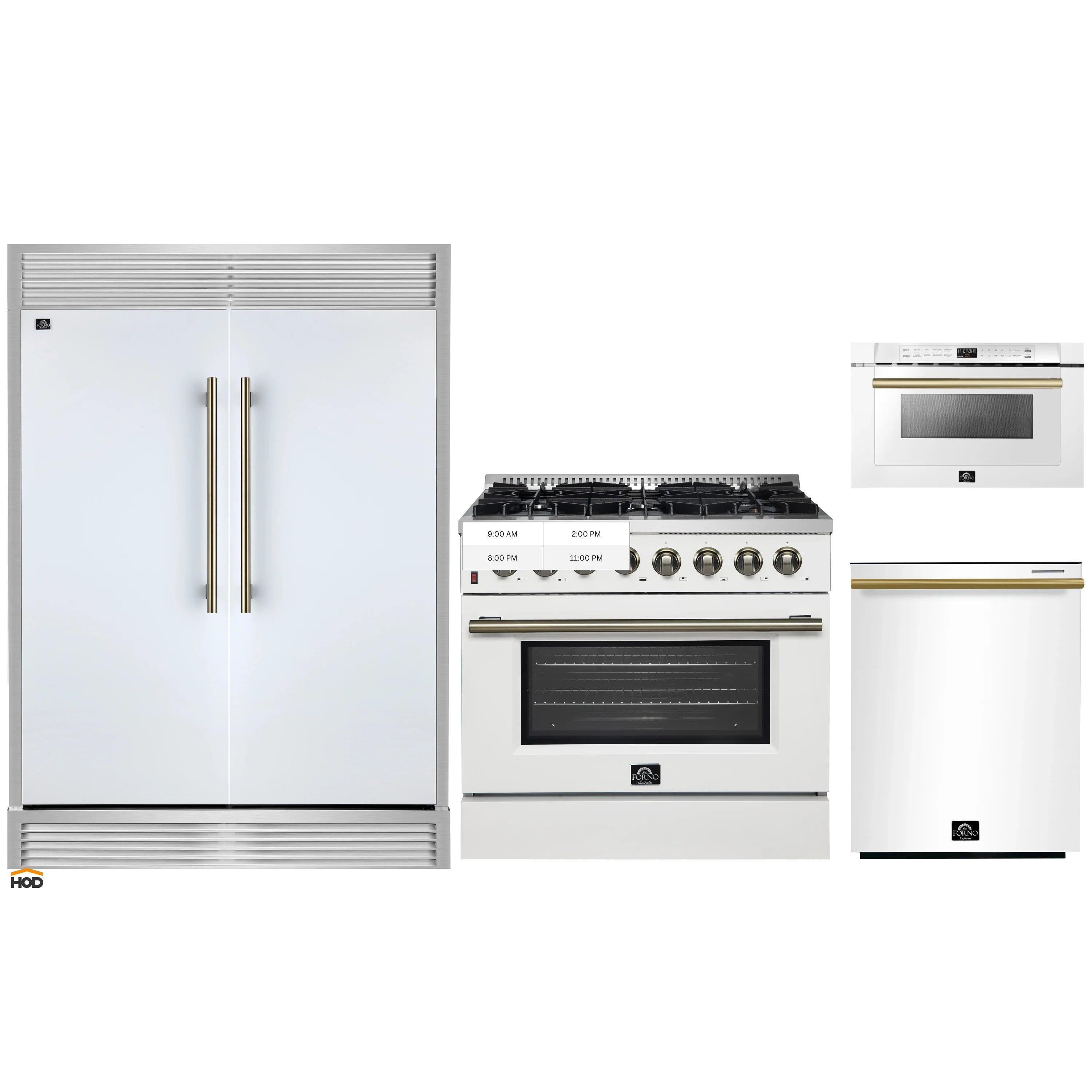 White refrigerator doors, dual-fuel range with knobs, and built-in microwave