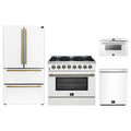 Forno 4-Piece Appliance Package - 36-Inch Dual Fuel Range, 36-Inch Refrigerator, 24-Inch Microwave Drawer, & Dishwasher in White with Antique Brass Trim