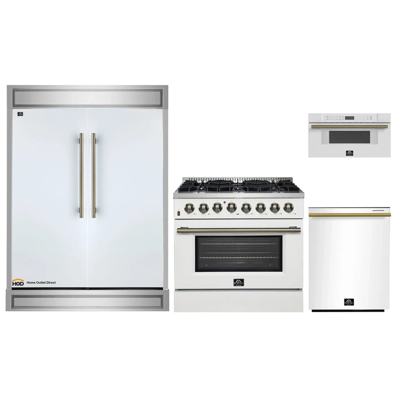 Forno 4-Piece Appliance Package - 36-Inch Dual Fuel Range, 60-Inch Refrigerator, Dishwasher, & 30-Inch Microwave Drawer in White with Antique Brass Handle