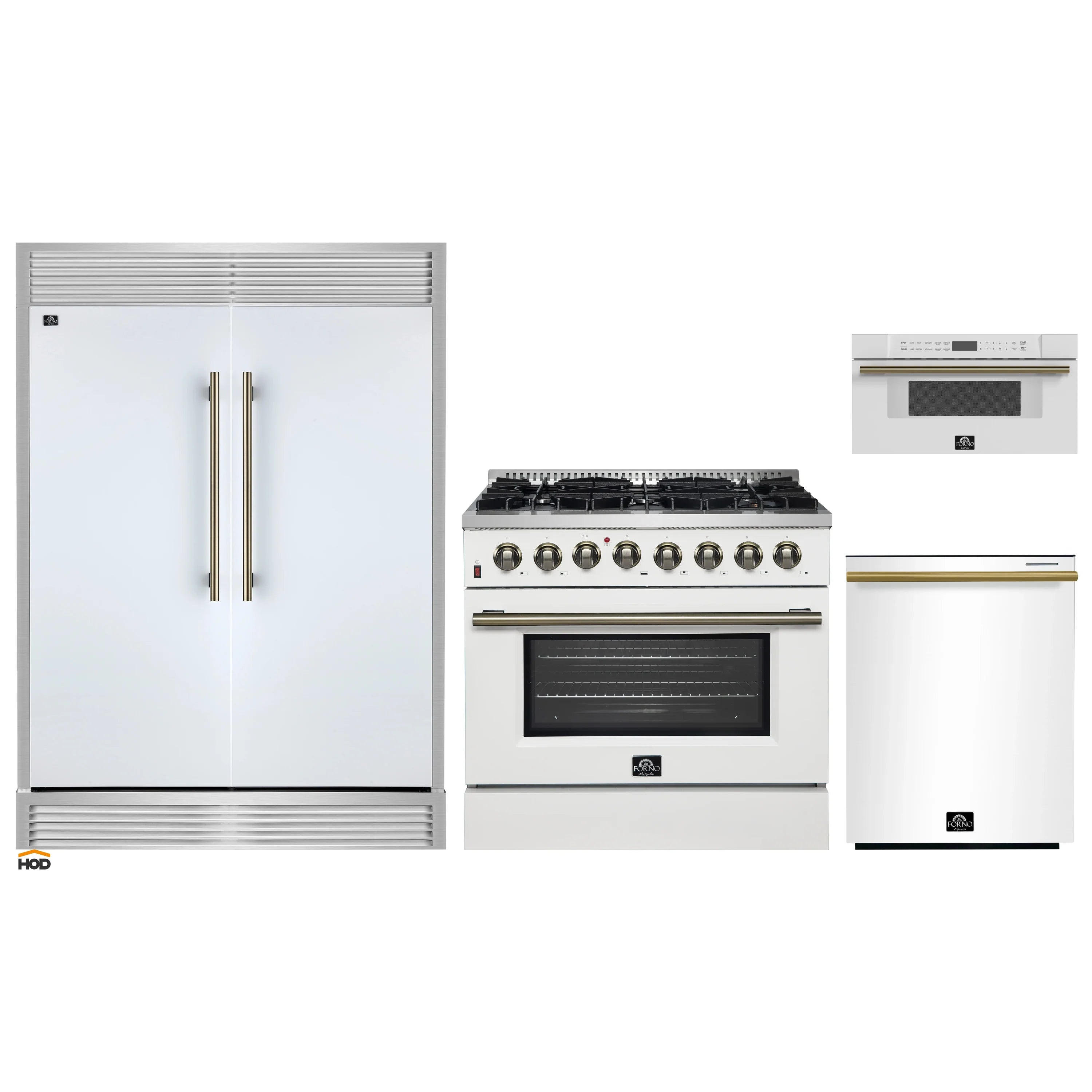 White appliance set with refrigerator, gas range, and dishwasher doors