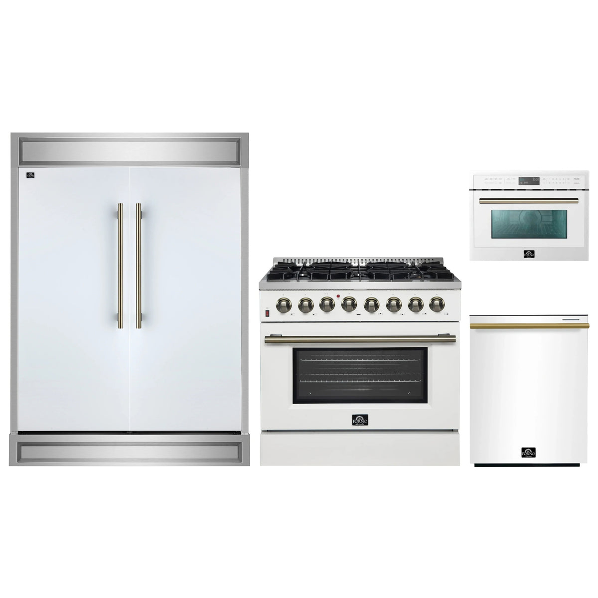 Forno 4-Piece Appliance Package - 36-Inch Dual Fuel Range, 60-Inch Refrigerator, Dishwasher, & 24-Inch Microwave Oven in White with Antique Brass Trim
