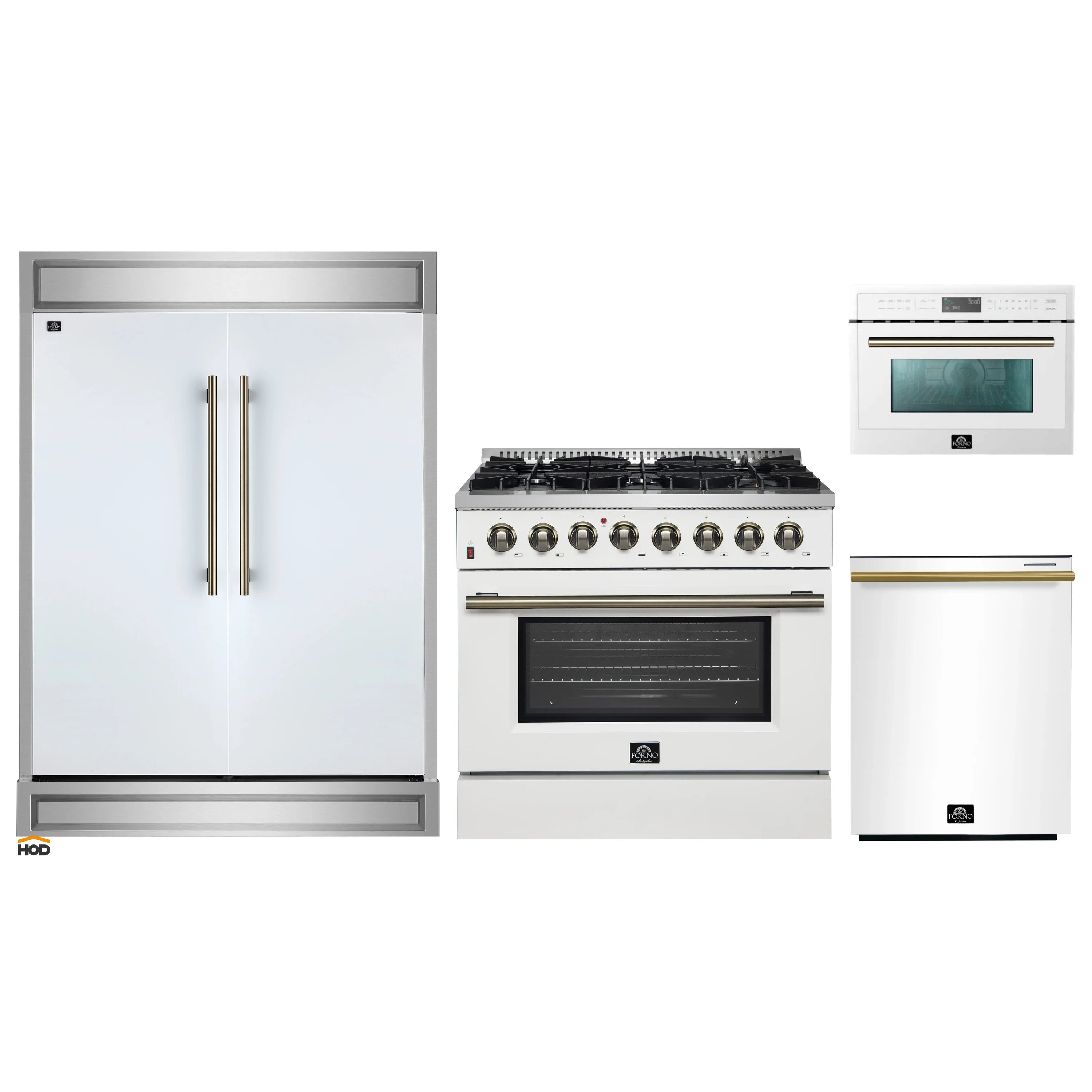 White kitchen appliance set: refrigerator, gas range, and microwave with brass accents