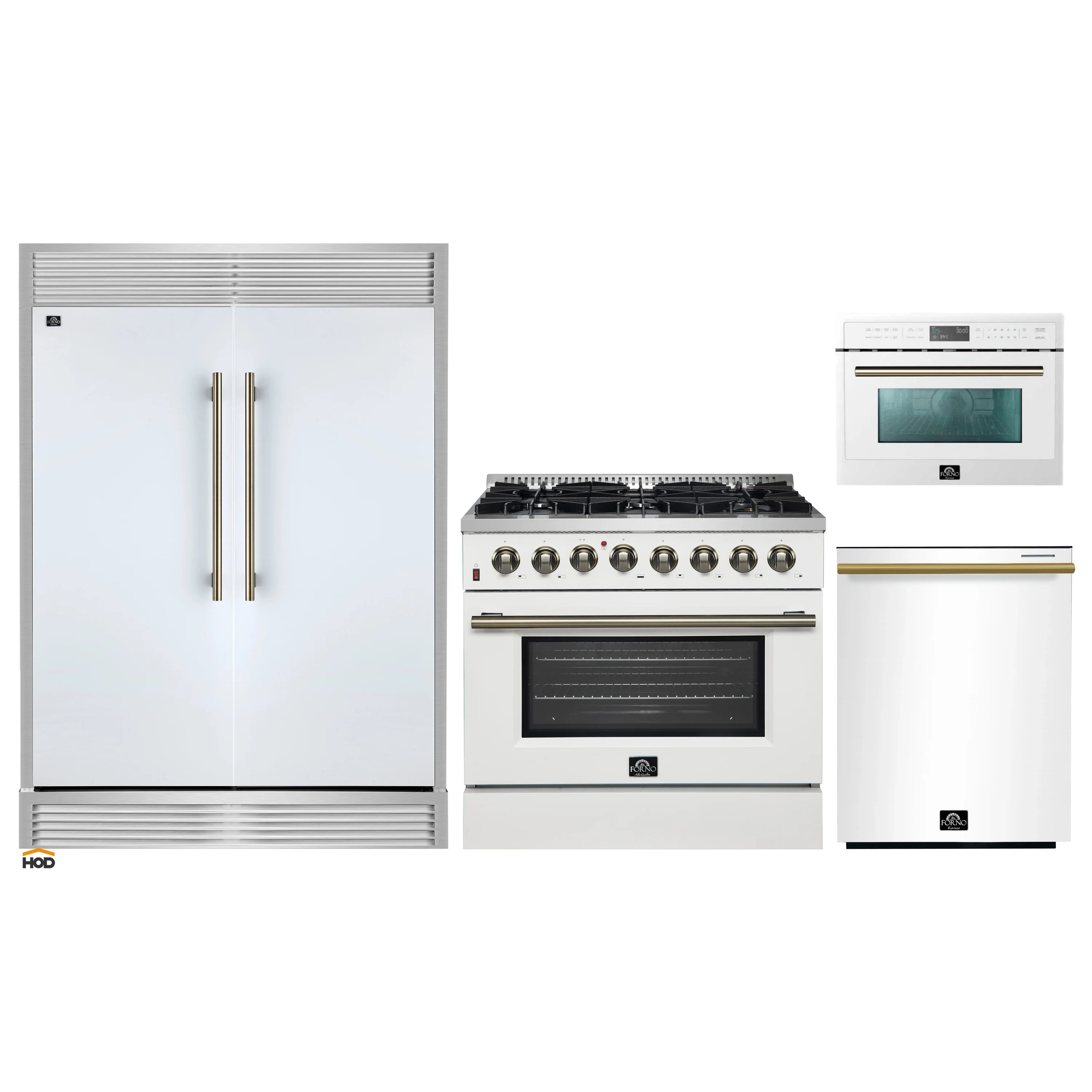 White kitchen appliance set with refrigerator, dual fuel range, microwave, and dishwasher