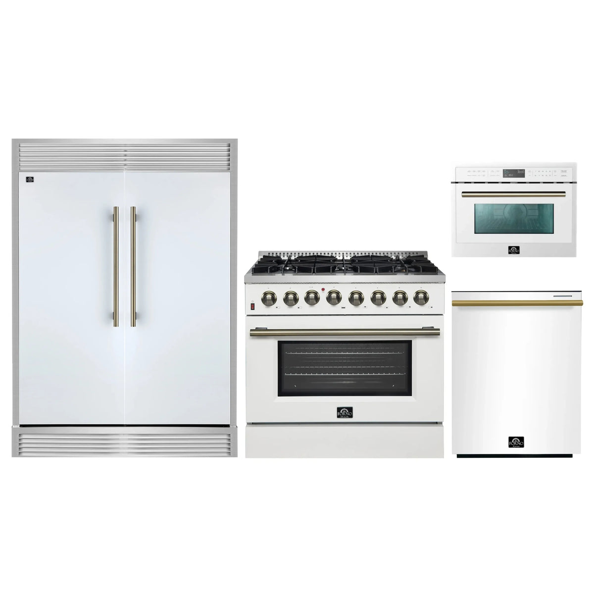 Forno 4-Piece Appliance Package - 36-Inch Galiano Dual Fuel Range, 60-Inch Refrigerator, Dishwasher, & 24-Inch Microwave Oven in White with Antique Brass Trim
