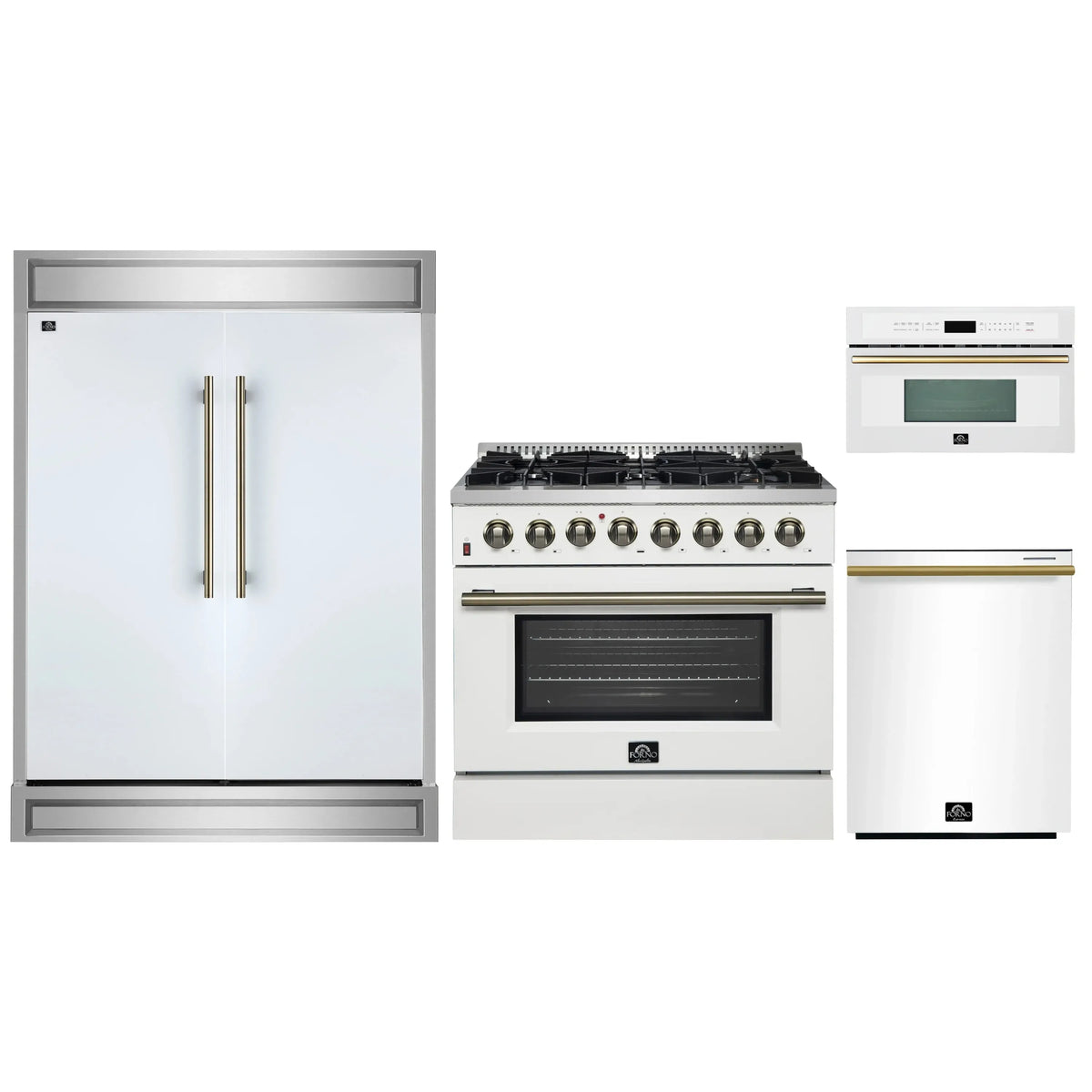 Forno 4-Piece Appliance Package - 36-Inch Dual Fuel Range, 60-Inch Refrigerator, Dishwasher, & 30-Inch Microwave Oven in White with Antique Brass Trim