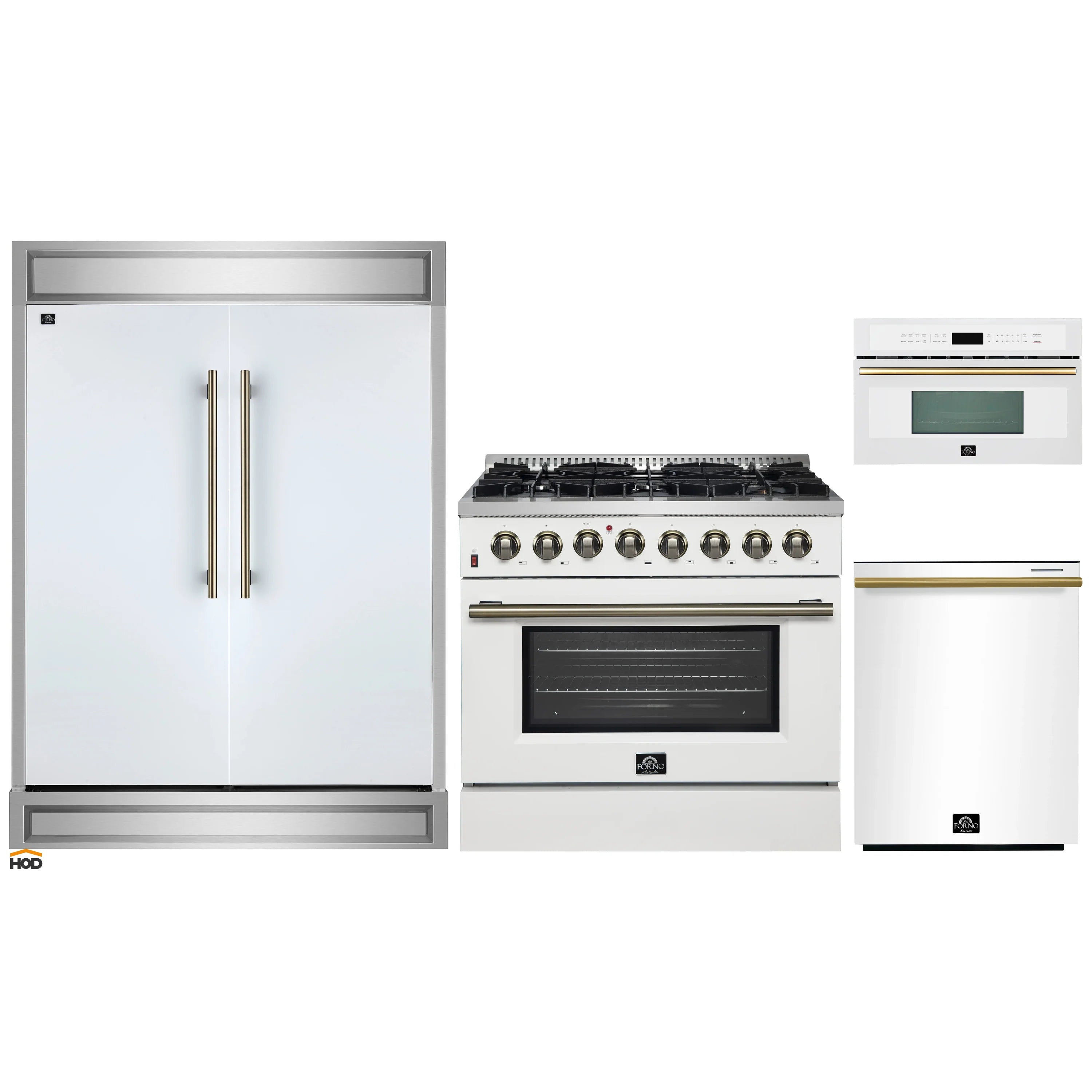 White kitchen appliance set: refrigerator, dual fuel range, and microwave with brass handles