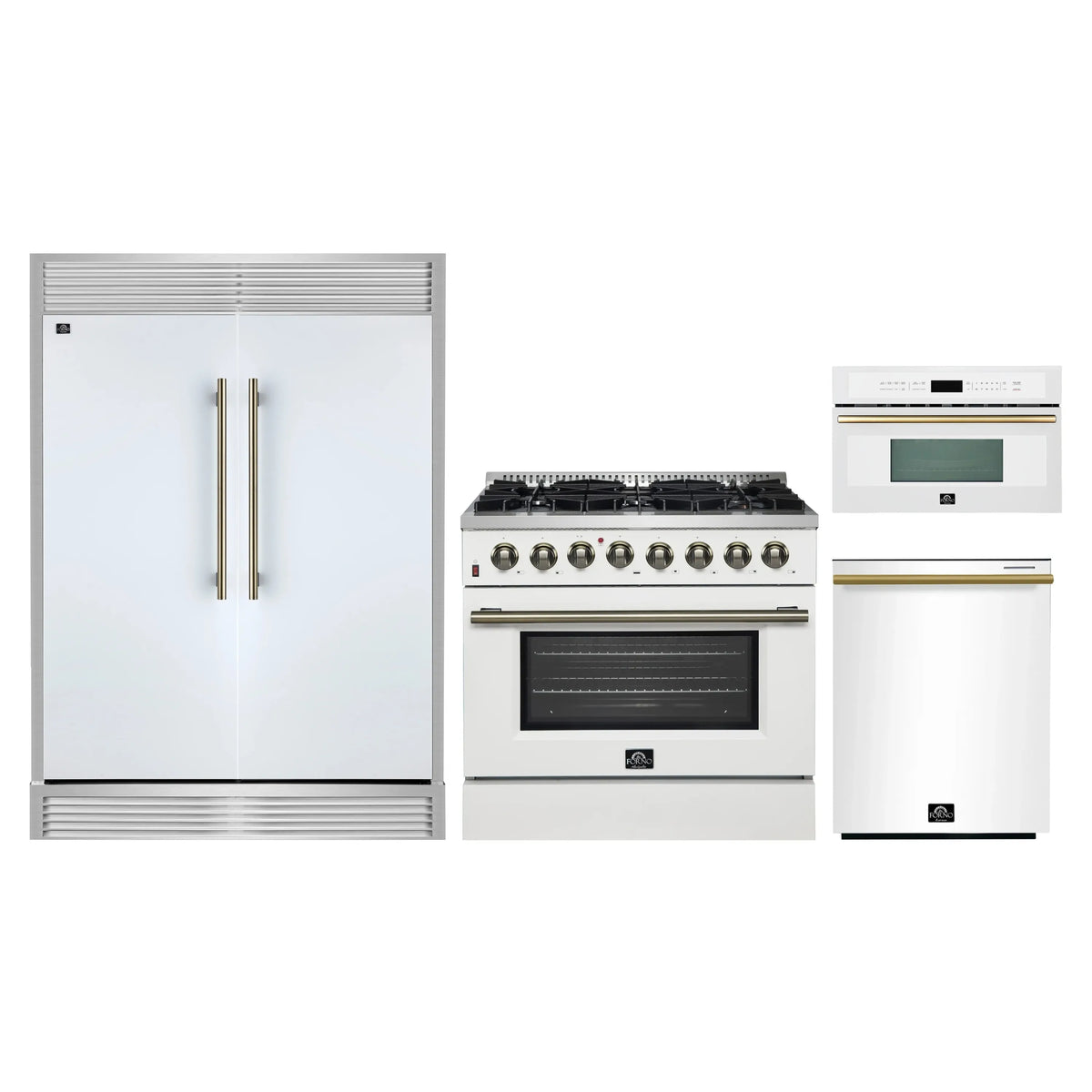 Forno 4-Piece Appliance Package - 36-Inch Galiano Dual Fuel Range, 60-Inch Refrigerator, Dishwasher, & 30-Inch Microwave Oven in White with Antique Brass Trim