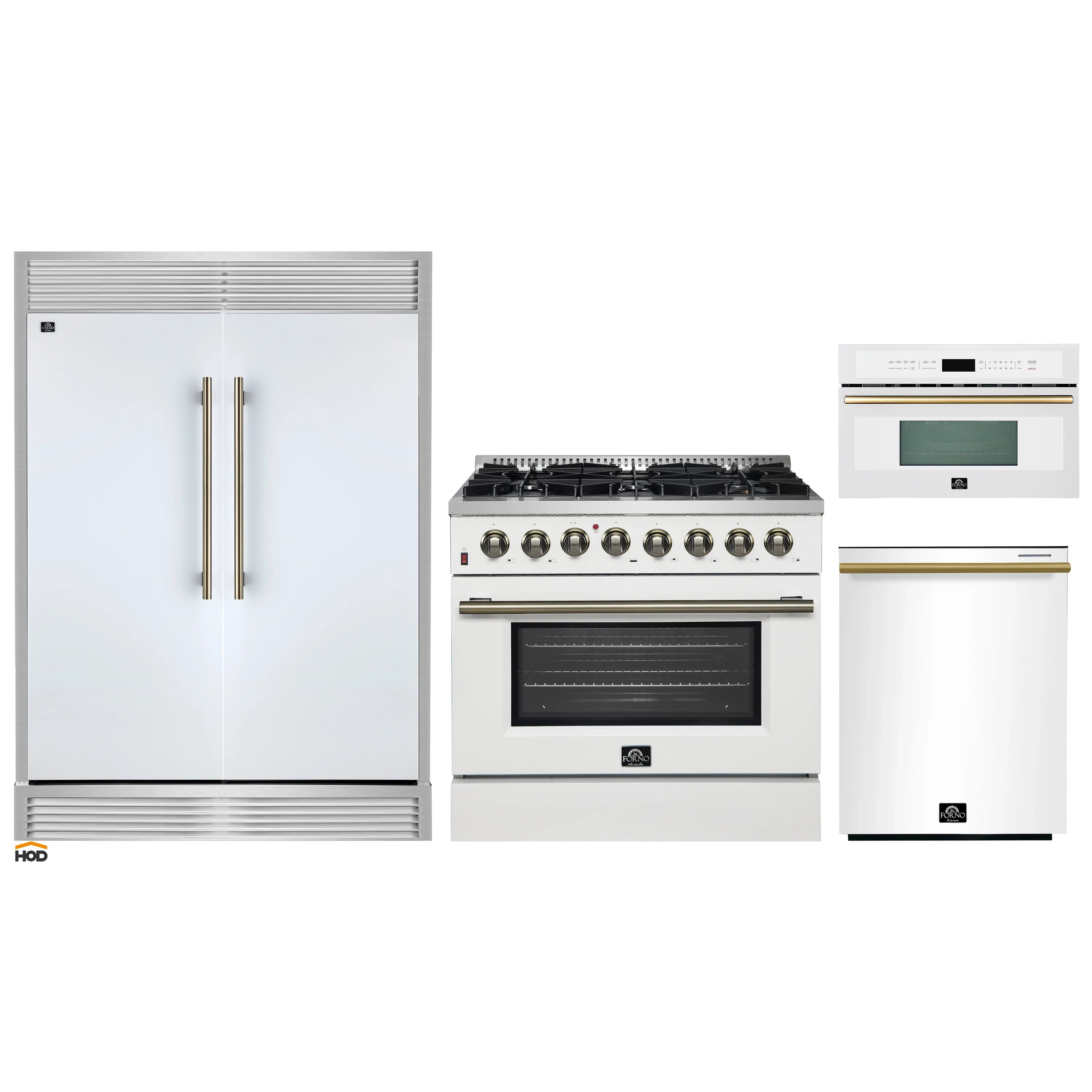 White kitchen appliance bundle: refrigerator, range, and microwave with brass handles