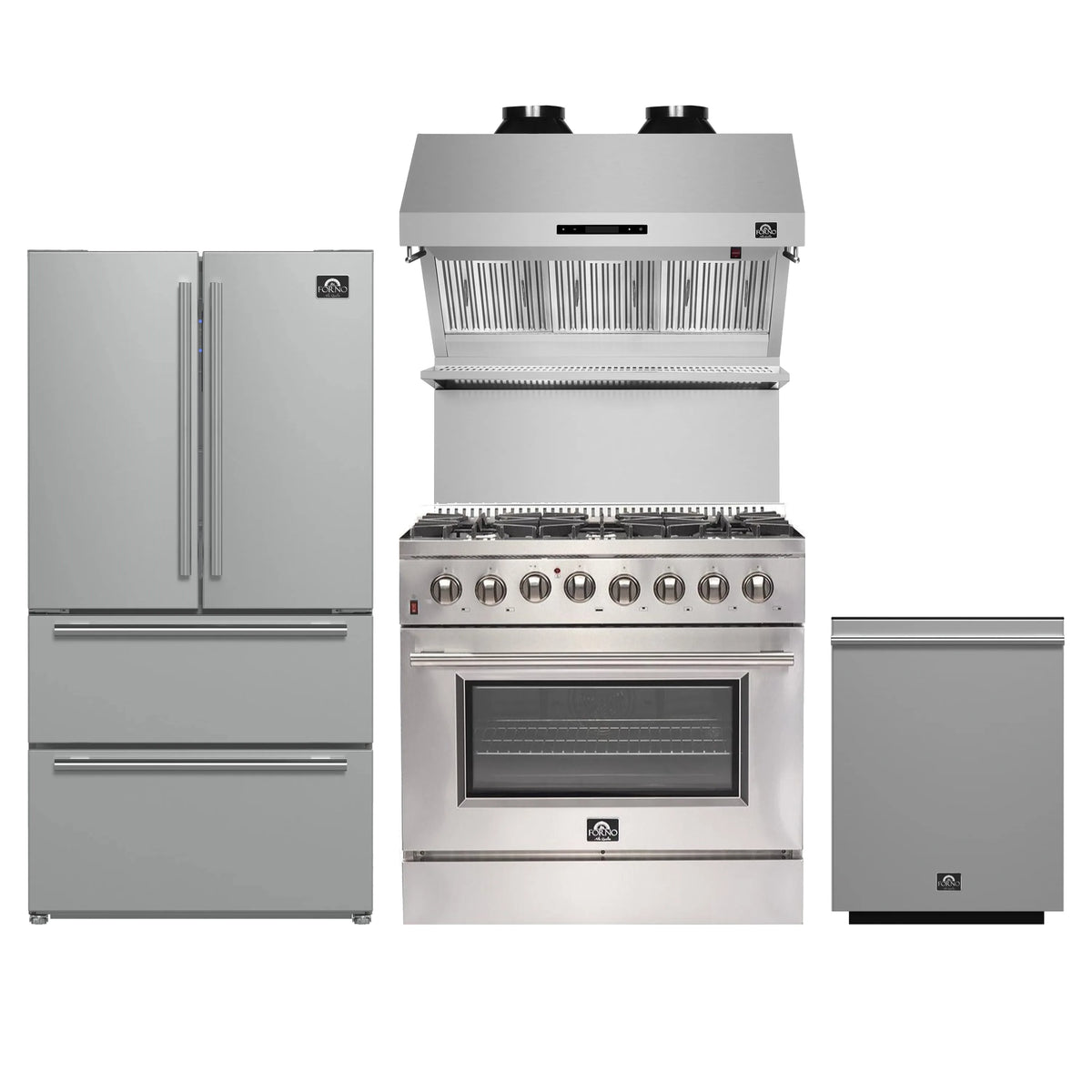 Forno 4-Piece Appliance Package - 36-Inch Dual Fuel Range, Refrigerator, Wall Mount Hood with Backsplash, & 3-Rack Dishwasher in Stainless Steel