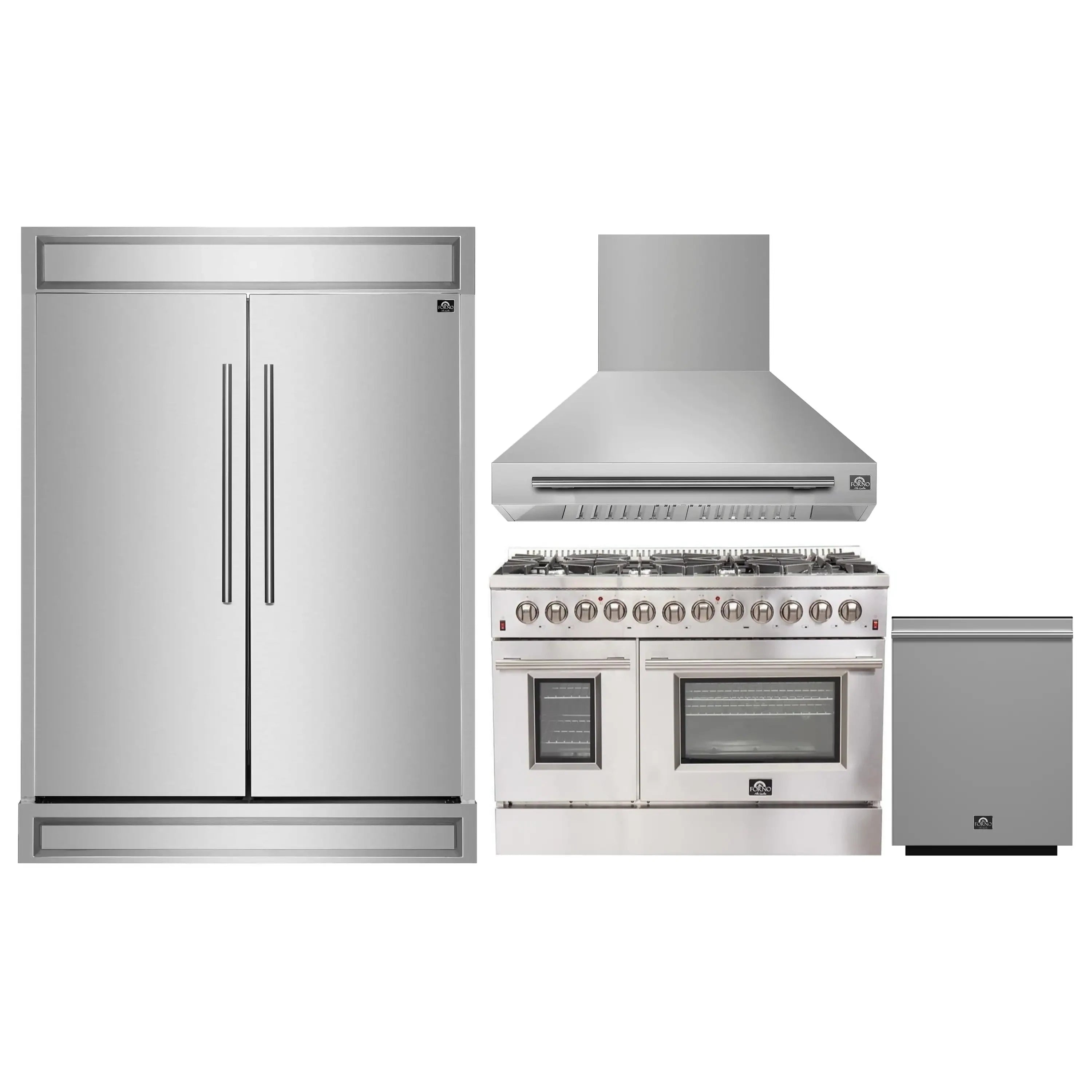 Stainless steel kitchen appliance set with refrigerator, range hood, and dual fuel range