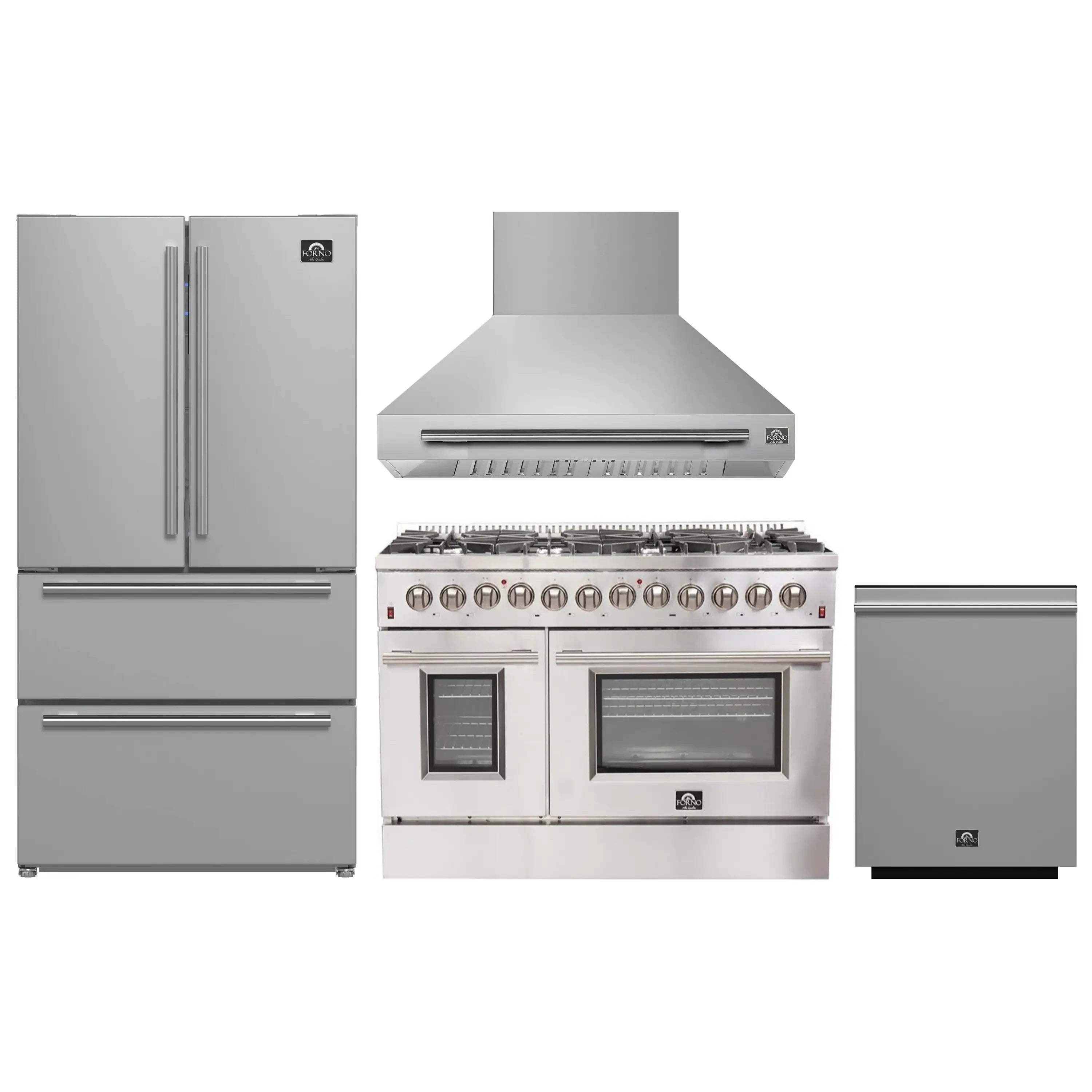 Stainless steel appliance package with French door refrigerator, dual fuel range, hood, dishwasher