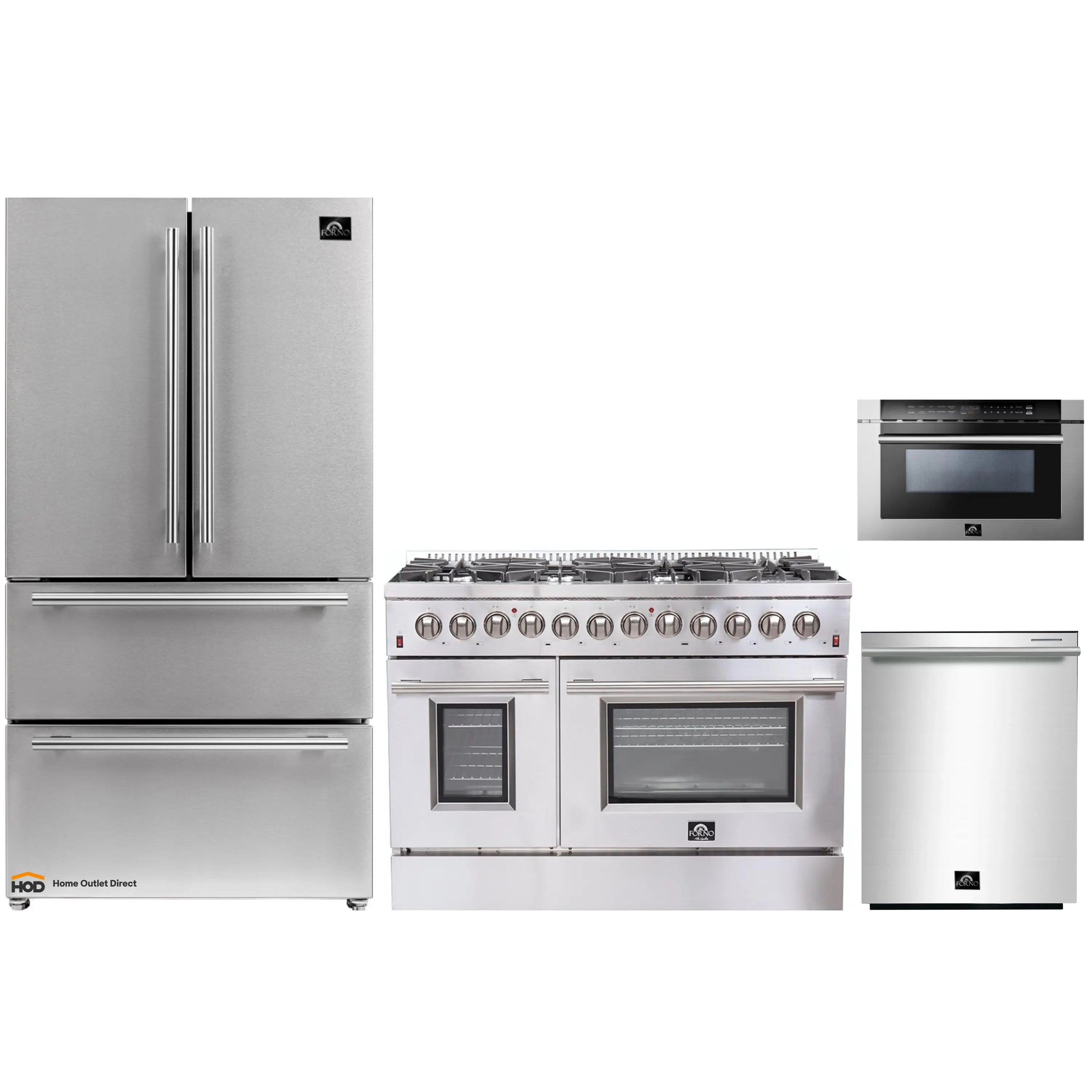 Stainless steel kitchen appliance package with refrigerator, dual fuel range, microwave drawer, dishwasher
