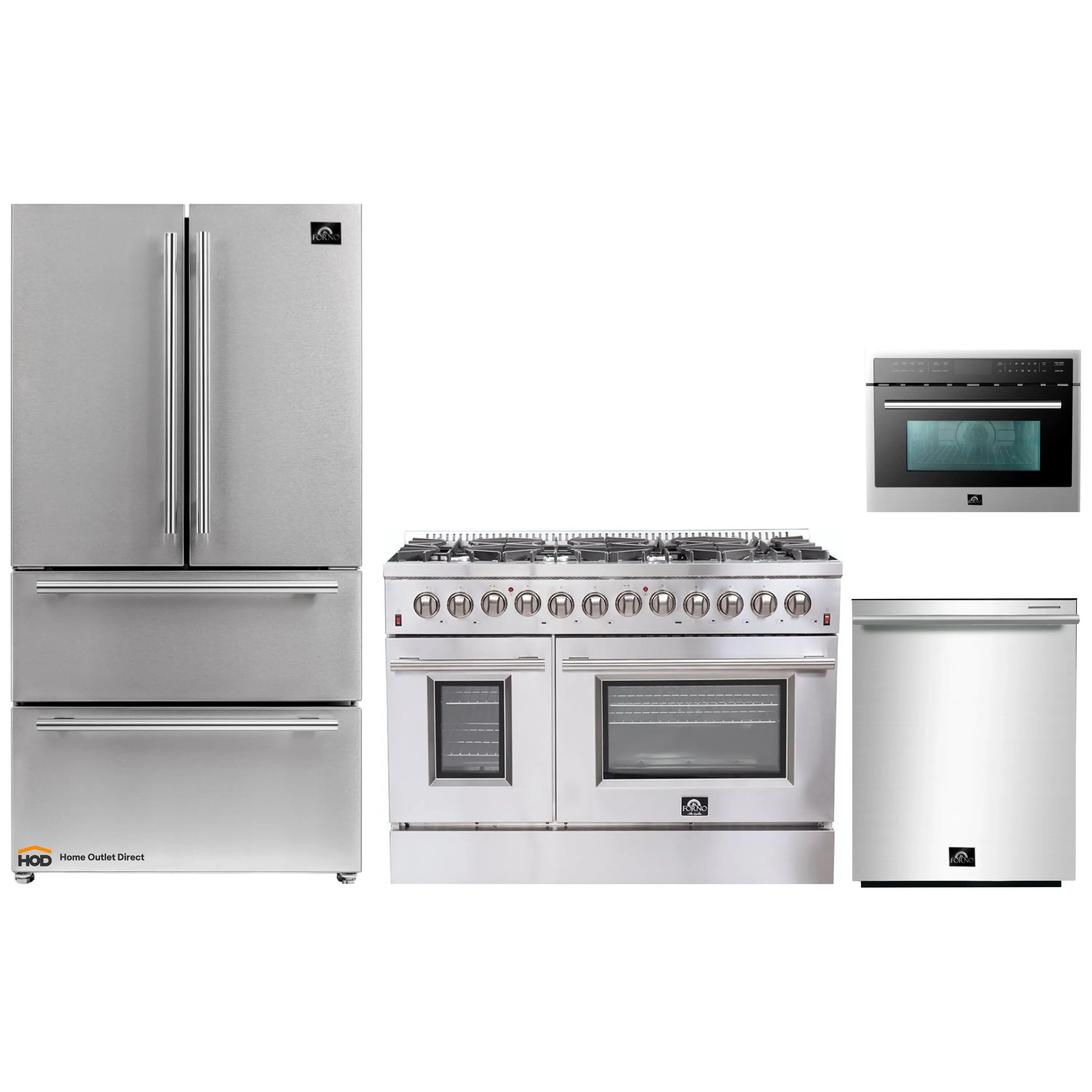 Stainless steel 4-piece kitchen appliance package: refrigerator, range, microwave, dishwasher