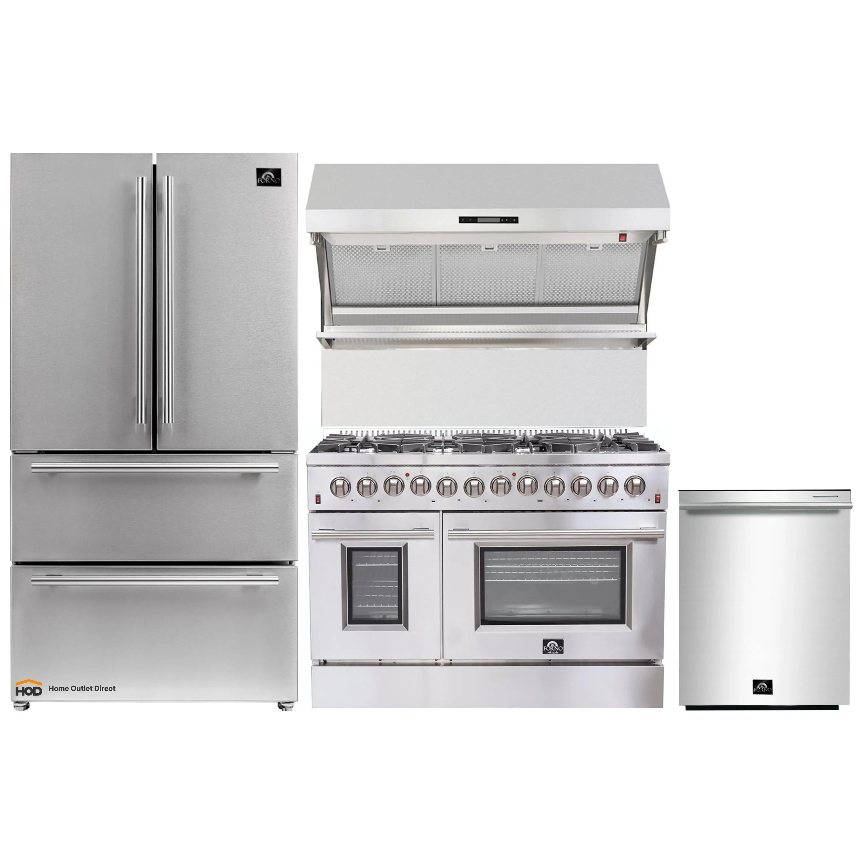 Stainless steel kitchen appliance set with range, hood, refrigerator, and dishwasher