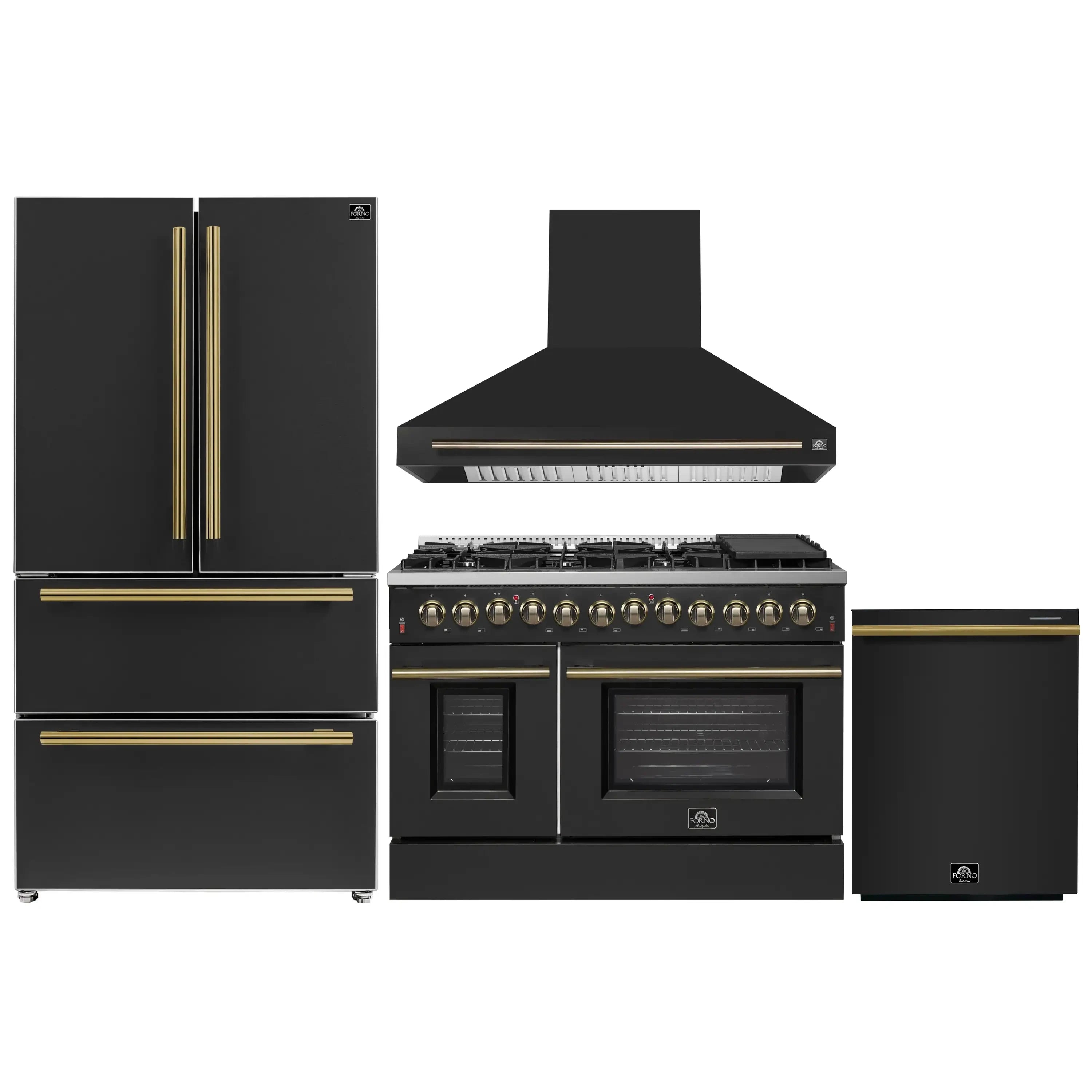 Black appliance package with French door refrigerator, dual-fuel range, hood, and dishwasher