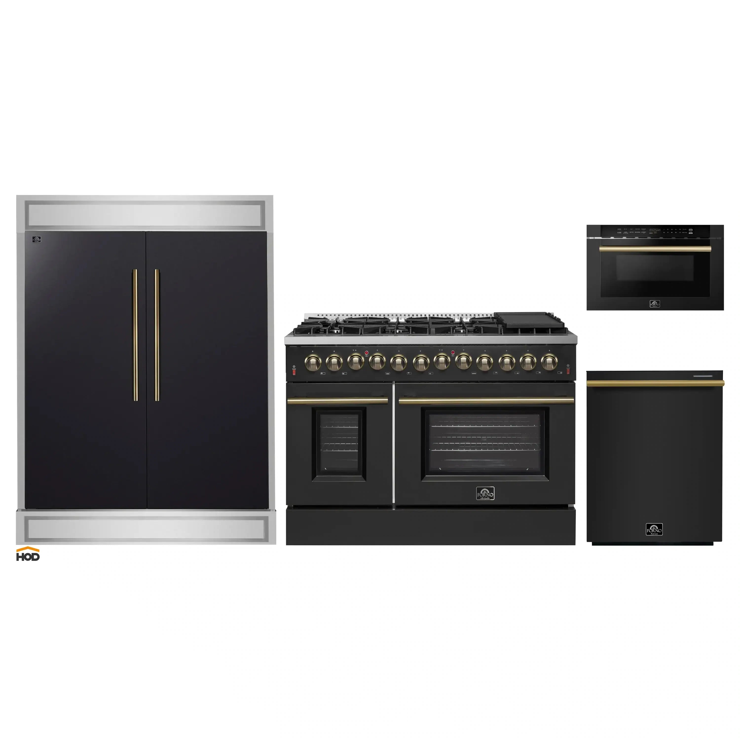 Black appliance package with antique brass accents: range and refrigerator doors