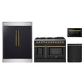 Forno 4-Piece Appliance Package - 48-Inch Dual Fuel Range, 60-Inch Convertible Refrigerator with Modern Trim, Dishwasher, and 24-Inch Microwave Drawer in Black with Antique Brass Trim