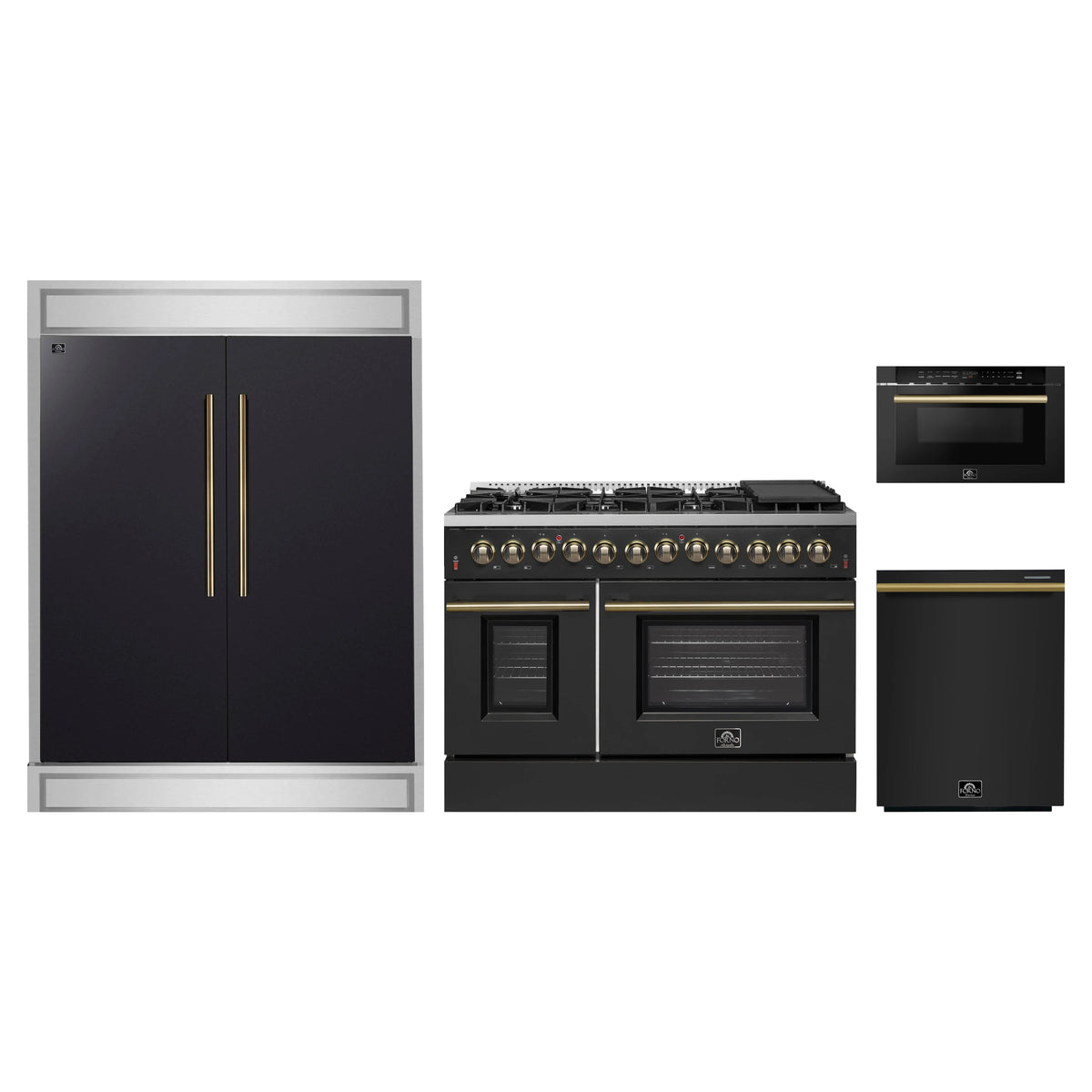 Forno 4-Piece Appliance Package - 48-Inch Dual Fuel Range, 60-Inch Convertible Refrigerator with Modern Trim, Dishwasher, and 24-Inch Microwave Drawer in Black with Antique Brass Trim