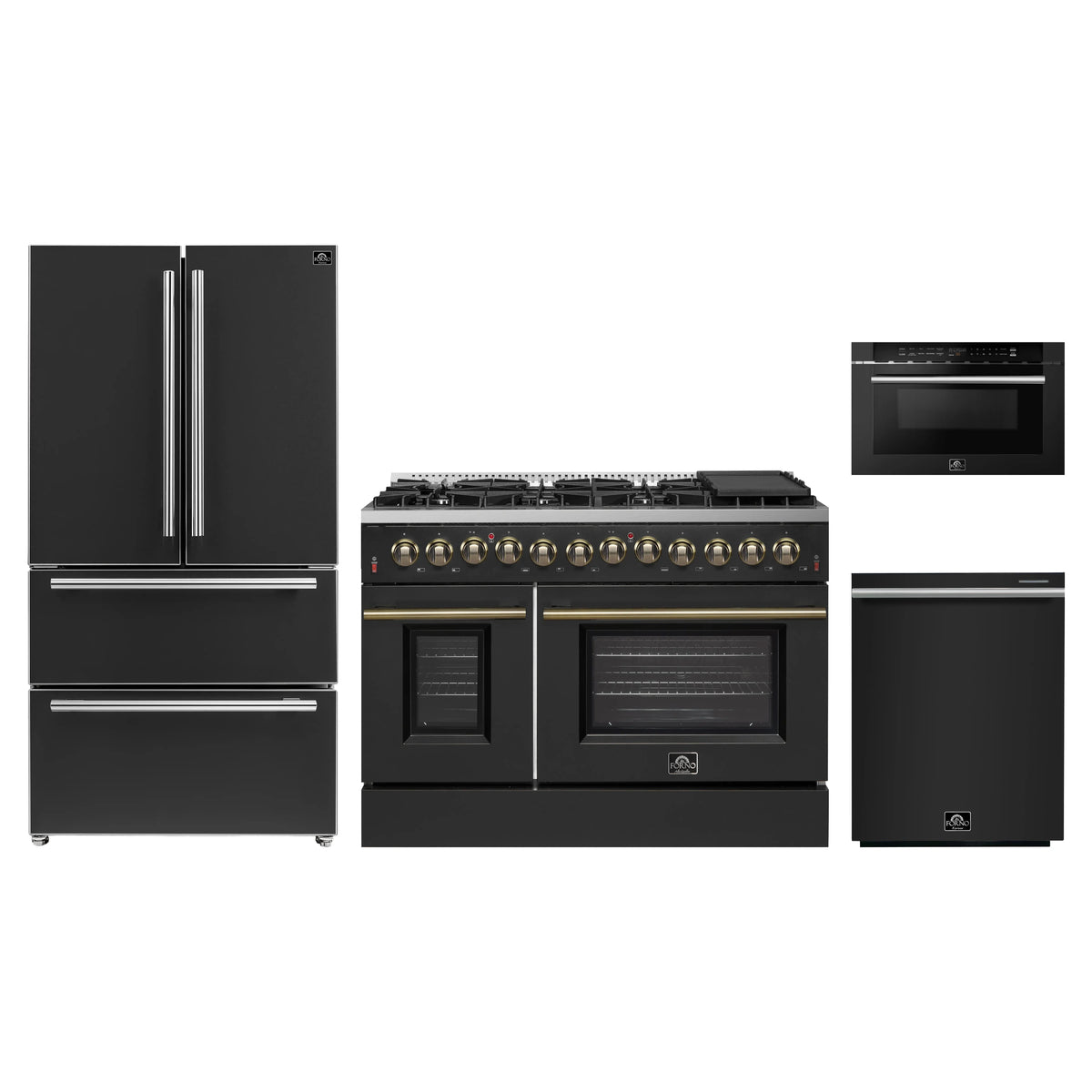 Forno 4-Piece Appliance Package - 48-Inch Dual Fuel Range, 36-Inch Refrigerator, 24-Inch Microwave Drawer, & Dishwasher in Black with Antique Brass Trim