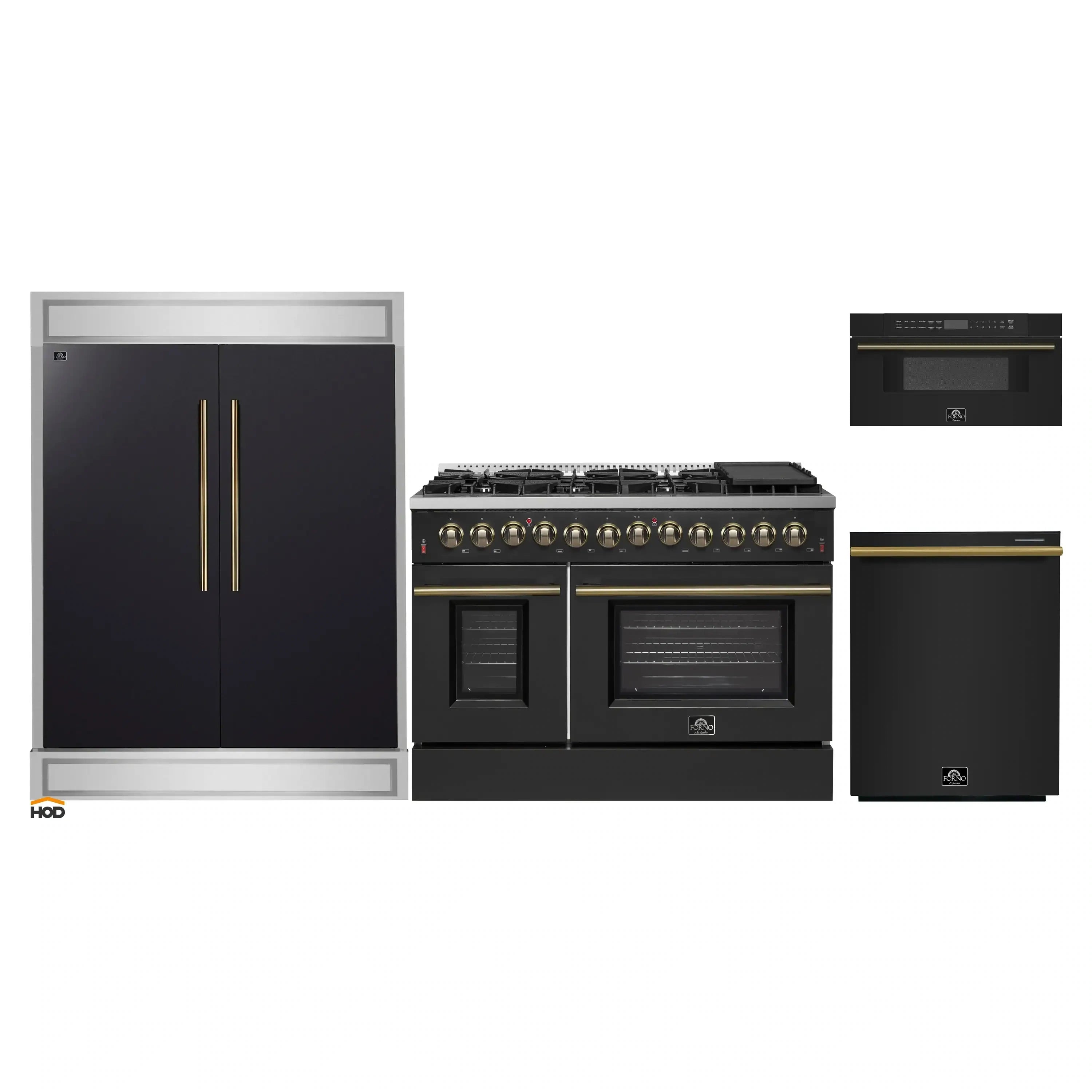 Forno 4-piece black appliance package with antique brass handles, range and fridge shown